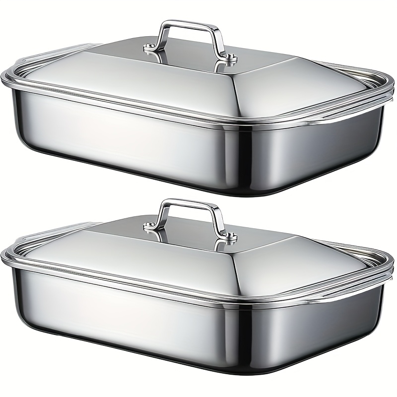 TEMU 4-pack Extra-large Thickened Stainless Steel Baking Pans With Lids- Thick Rectangular Oven Trays For Desserts, Breads, And Seafood-ideal For