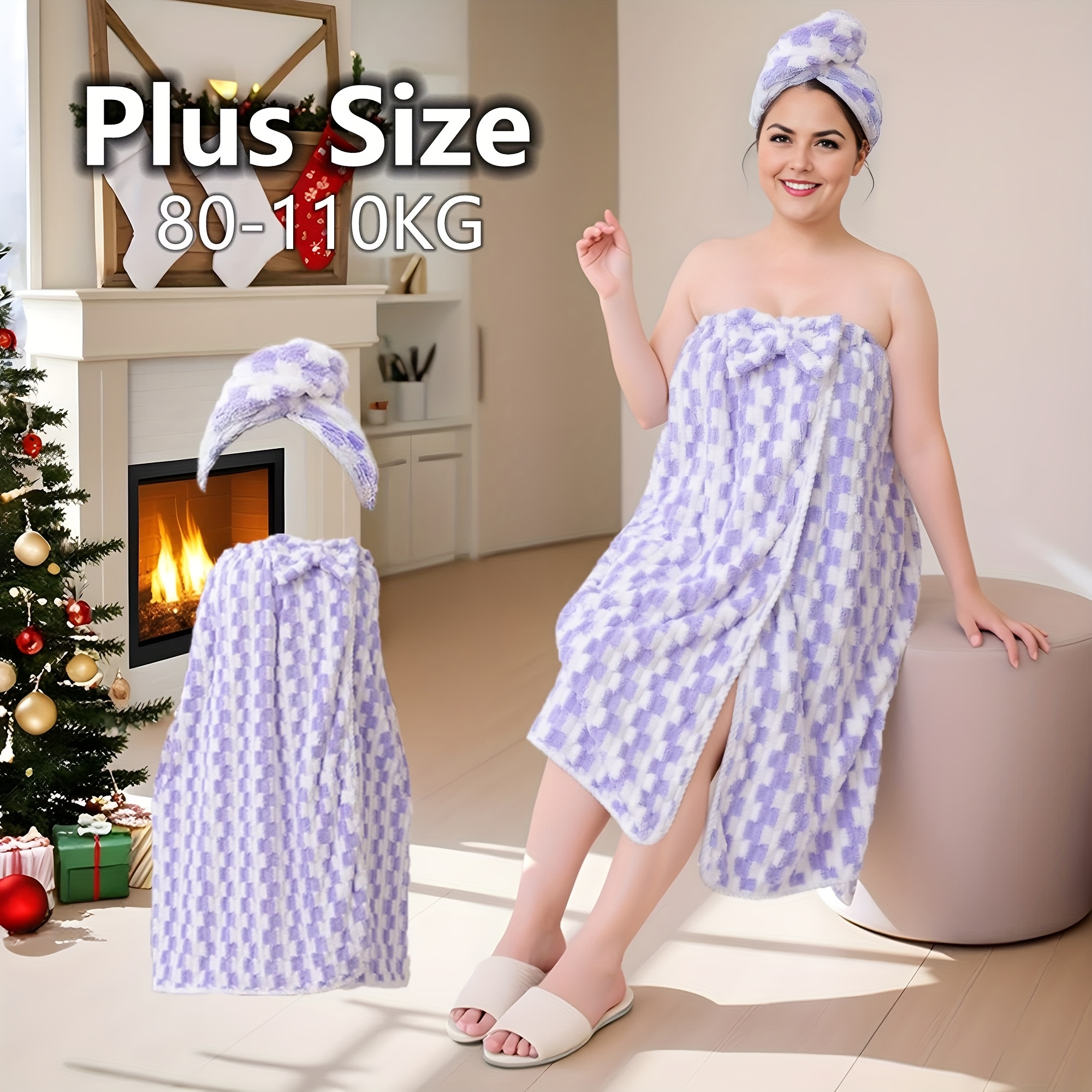 

2pcs Set: Extra Large 31.49x62.99" Bath Skirt & Hair Drying Cap In Purple Diamond Pattern - , Soft Polyester , Ideal For Women 176-242 Lbs, Hotels, Christmas Gifts, And Home Use