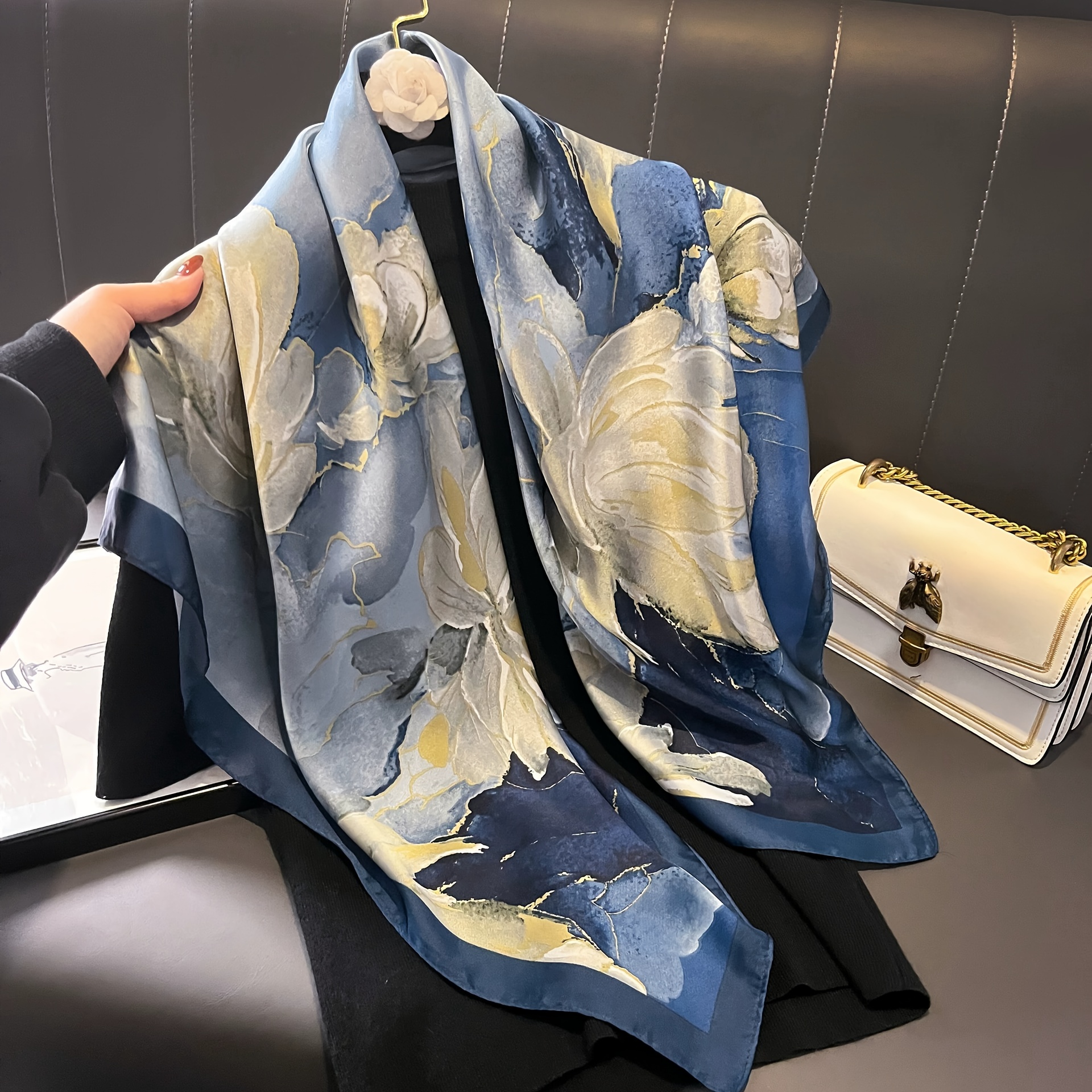 TEMU 1pc Women' Bohemian Shawl - Vintage Blue & Yellow Floral Suitable For Spring, Autumn, Accessories, Lightweight Breathable Suitable For Spring,