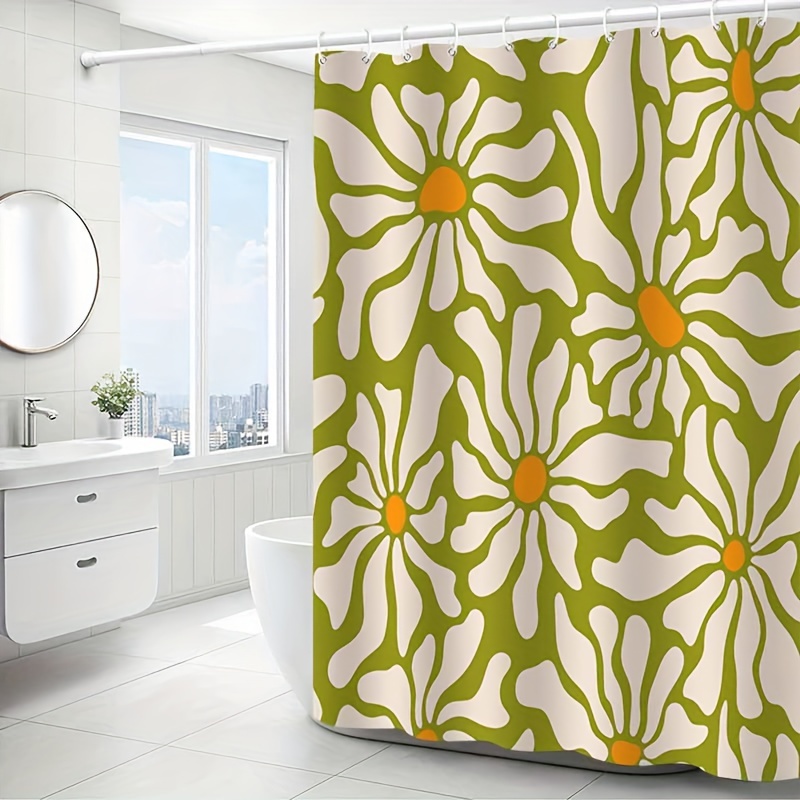 

Daisy Floral Pattern Shower Curtain, Elegant Water-resistant Bathroom Decor With Hooks, Machine Washable, Knit Polyester Fabric, Universal Holiday All-season Curtain