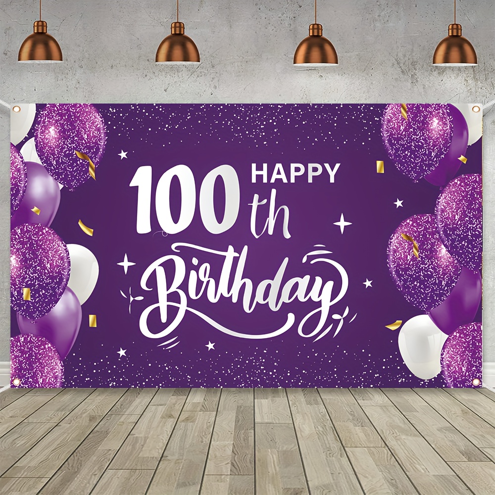 

100th Birthday Celebration Banner - " .3" Purple Party Decoration, Polyester Photography Backdrop, Studio-quality Props