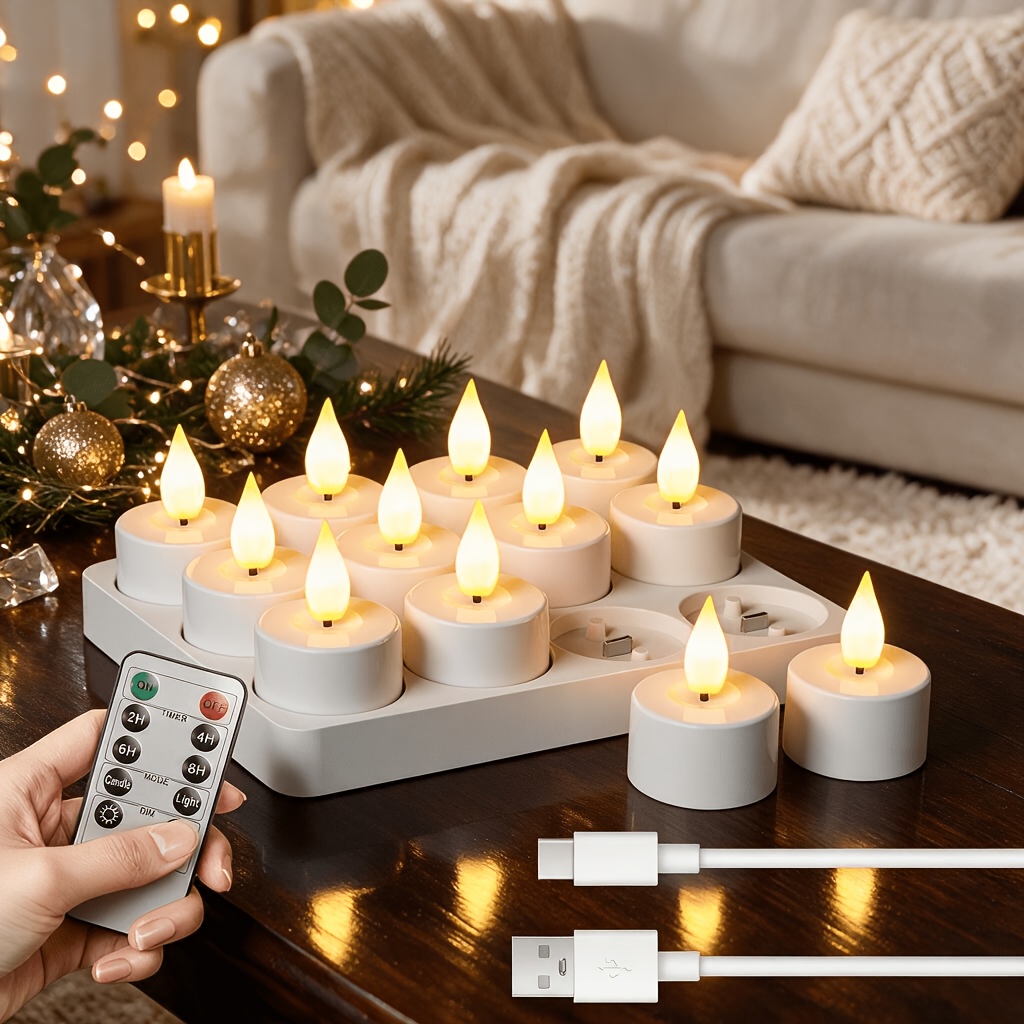 12pcs Rechargeable Led Electronic Candle Lamp Set With Charging Base, Remote Control Timer, Simulation Flame Flameless Tealight, Wedding Ambiance Decorative Lamp