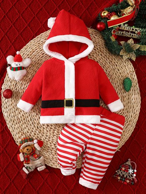 2-delige baby fleece capuchon snap-button vest & gestreepte gebreide broek set, winteroutfit, 0–18 maanden, perfect voor buiten