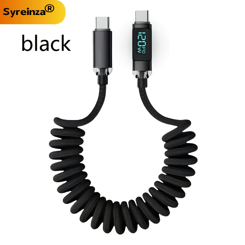 120w Fast Charging Type- Display Spring Data Cable, Extendable Portable, Compatible For Iphone 15/16/17, Huawei, Etc. Car Charging Cable