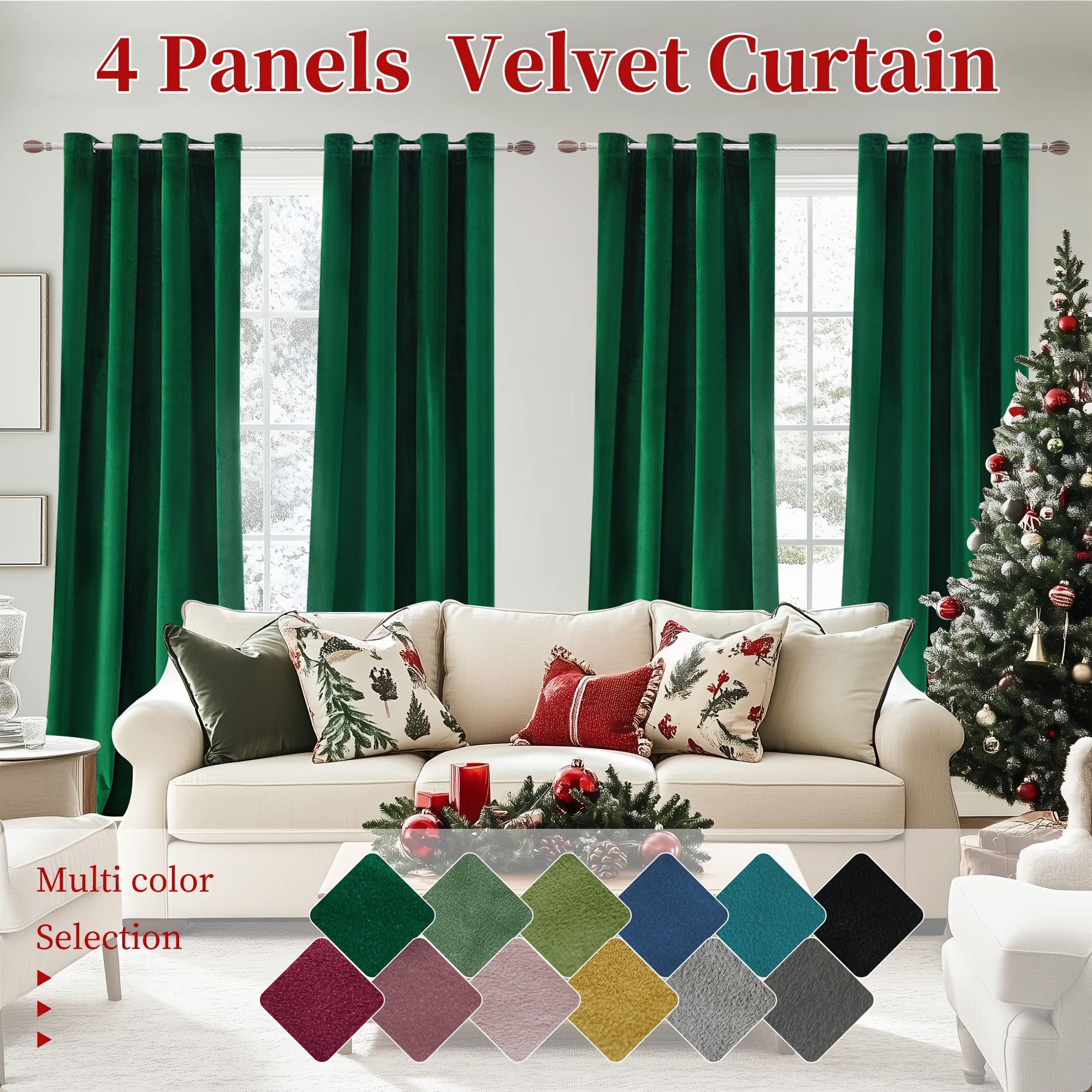 TEMU 4pcs Luxury Velvet Blackout Curtains - Thermal Insulation & Noise Reduction, Soft Drapes For Living Room And Bedroom Decor, Grommet Top, Christmas Decoration
