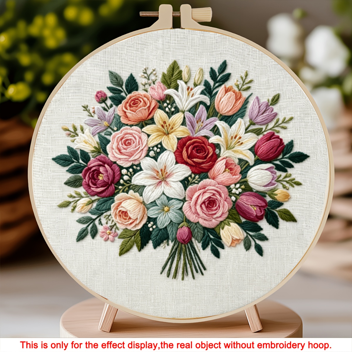 TEMU 1 Set Embroidery Kit 1 Bouquet Of Gentle Handmade Material Pack Beginner Full Tool Decoration Stress Relief Handmade Hanging Painting Embroidery