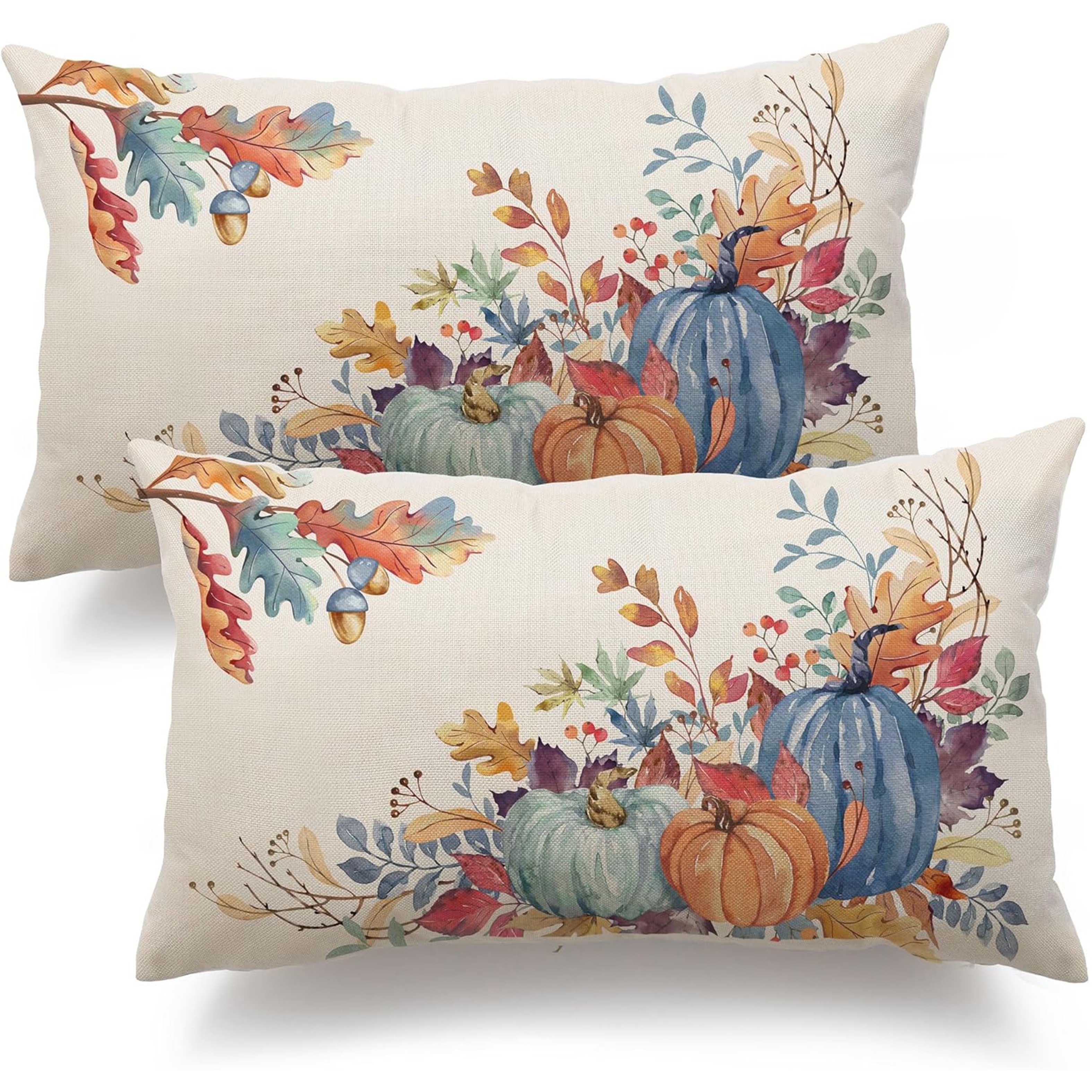 TEMU 2pcs Autumn Linen Throw Pillow Covers 12x20" - Watercolor Pumpkins With Fall Leaves, Zippered, Machine Washable - Ideal For Thanksgiving & Farmhouse Couch Decor (covers Only)