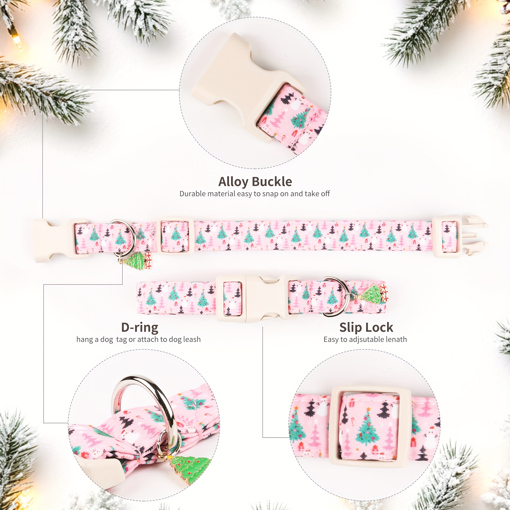 TEMU 1 Collier Réglable pour Chien avec Imprimé Sapin de Noël Rose et de Neige - Boucle à Rapide Douce, Anneau en D en Alliage de , Couleurs Festives