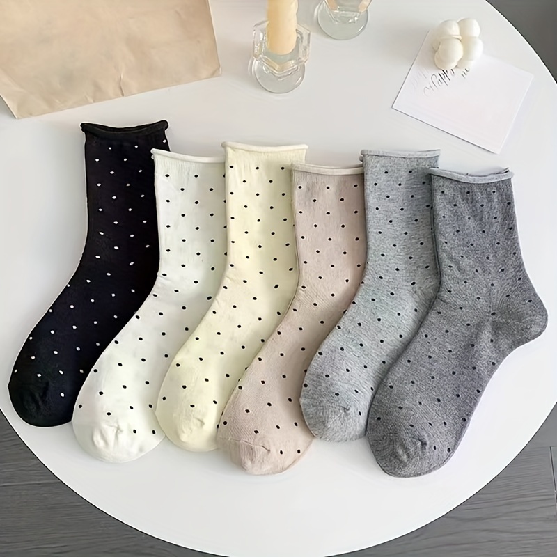 

6pcs Women's Polka Dot Mid-calf Socks - Fashionable & Versatile, Cute Solid Color For Casual Attire, Machine Washable