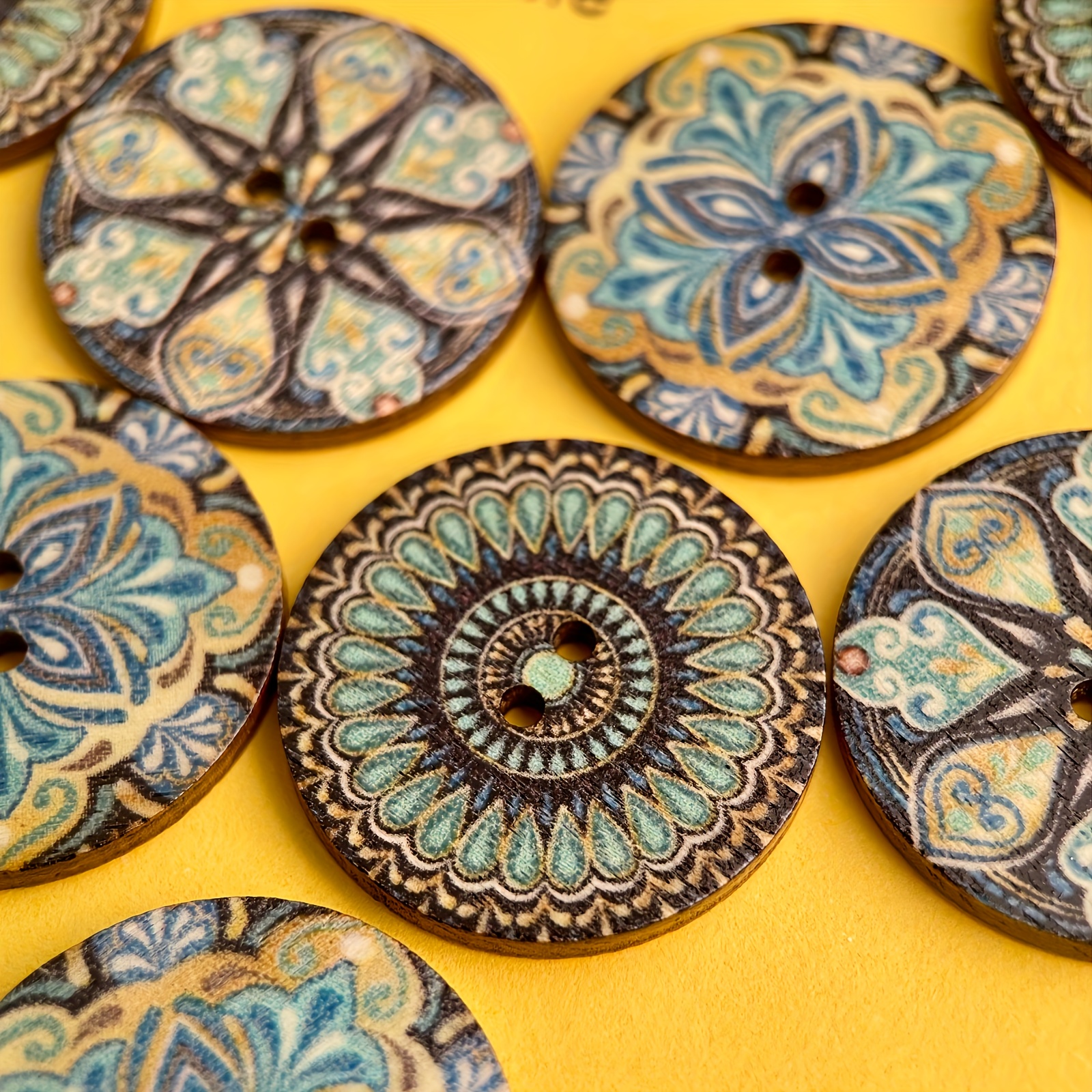 Image of 20pcs 25mm Decorative Wood Buttons, Persian Byzantine Style Vintage Patterns, Home Textile Additions Decoration