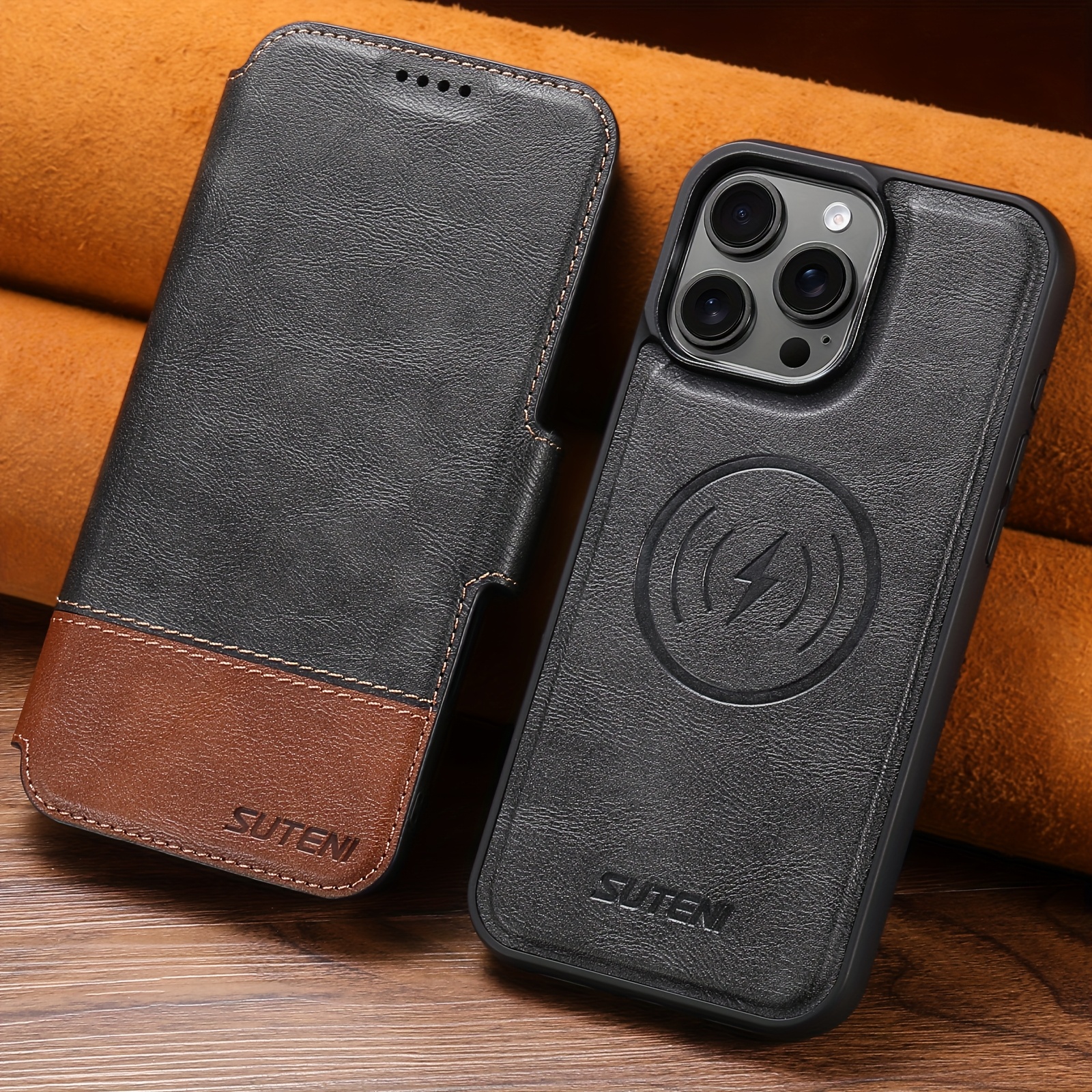 phone case   wireless charging card holder stand wallet magnetic flip cover phone case faux leather for iphone 16 pro max 15 plus 14 13 12 for men relatives friends and elders holiday gift spliced colors business