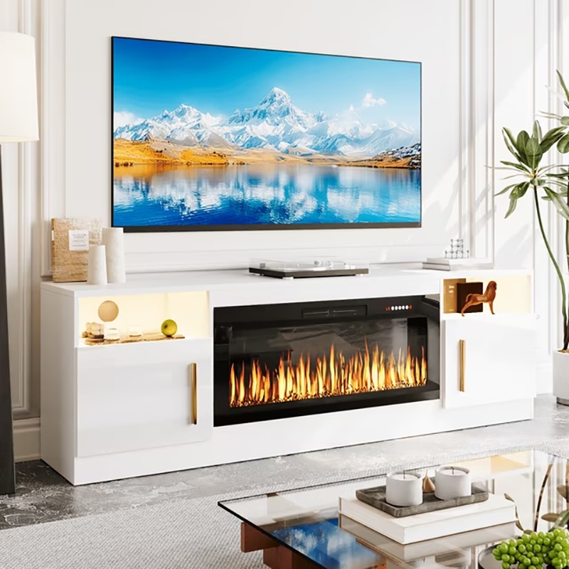 TEMU 80" Tv Stand Fireplace With 36" Inch Electric Fireplace Up To 90" Tvs, Led Light Entertainment Center, 80" Modern Wood High Gloss With Highlight