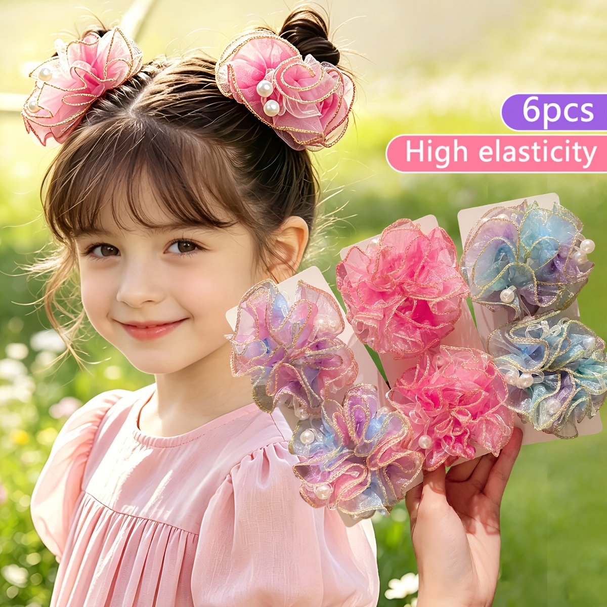TEMU 6pcs Mesh Flower Sequin Hair Ties, Gradient Mesh Lace Hair Ties, Accessories, Suitable For Double Bun Hairstyles, Cute Sweet And Stylish Hair
