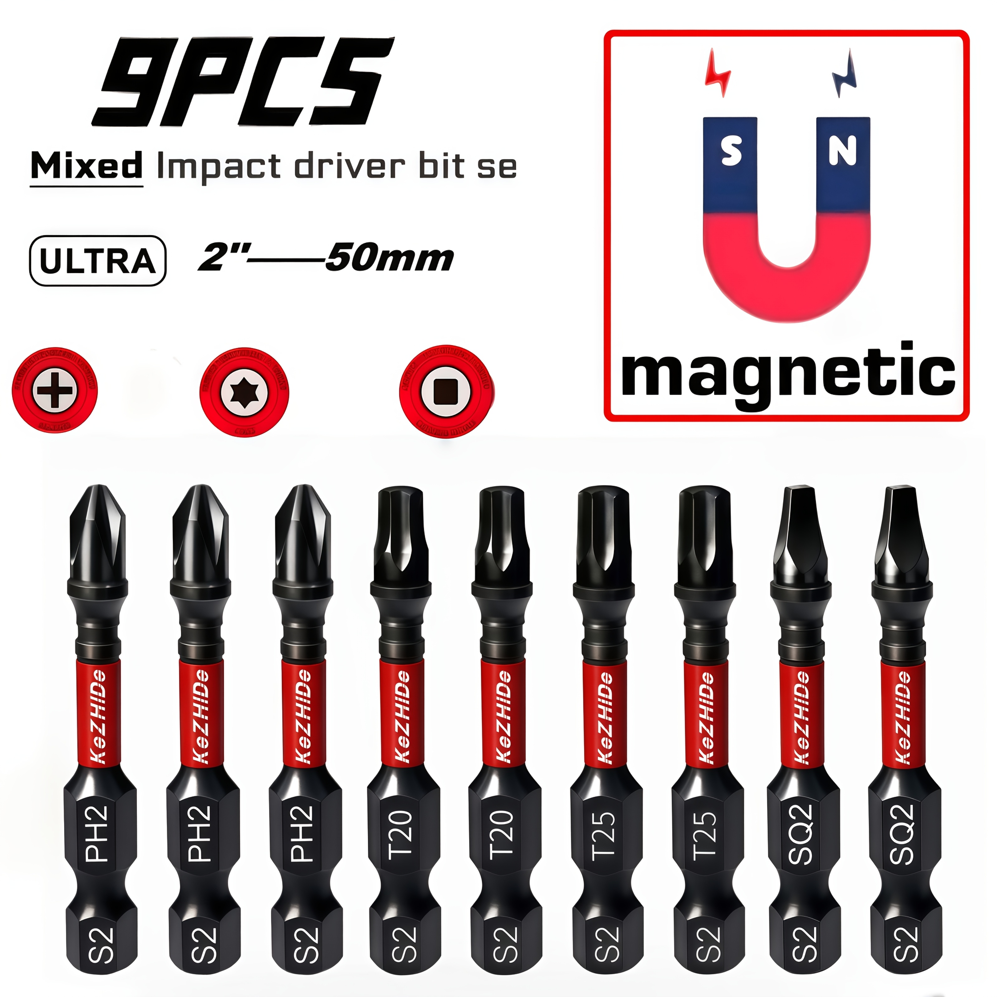 TEMU Jeu de 9 embouts S2 haute avec barre d'extension, inclut des embouts cruciformes/Torx/carrés aux spécifications complètes, boîte. antichute