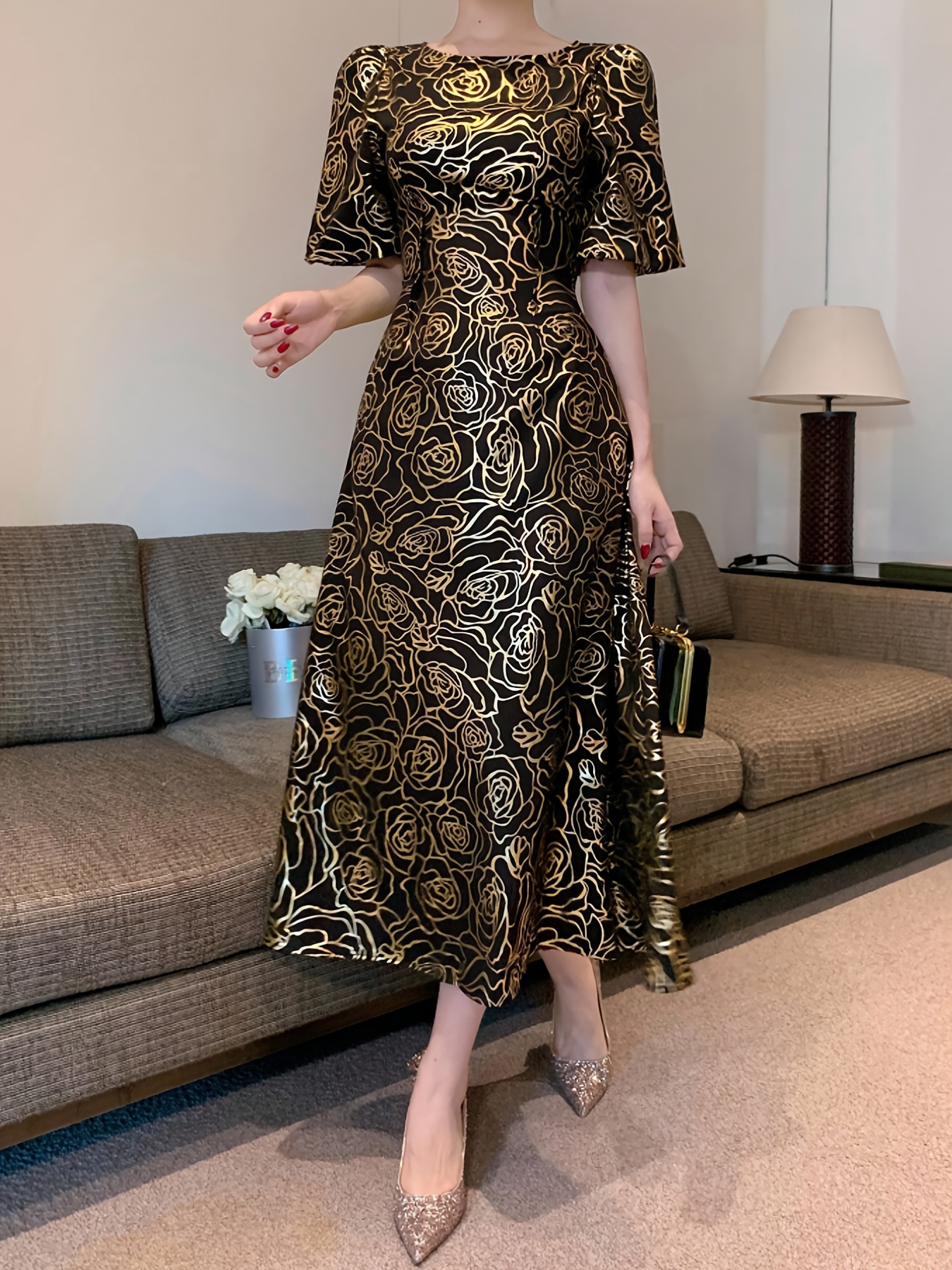 navy blue dress for baby girl Elegant Ankle Length Black Formal Dress with Trumpet Sleeves #BLS86033 main image 1