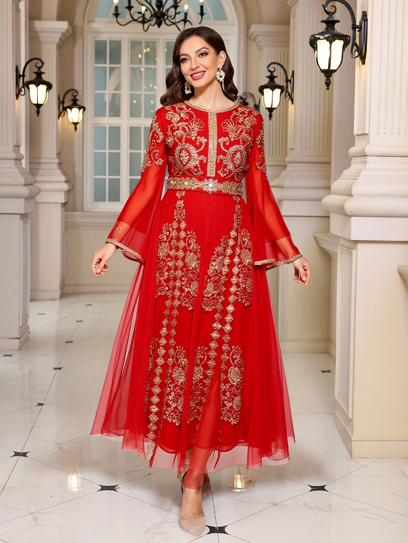 Elegant Red Embroidered Maxi Dress with Golden Accents - Long Sleeve, Round  Neck, Flowing Skirt * Weddings and Formal Events, Formal Event