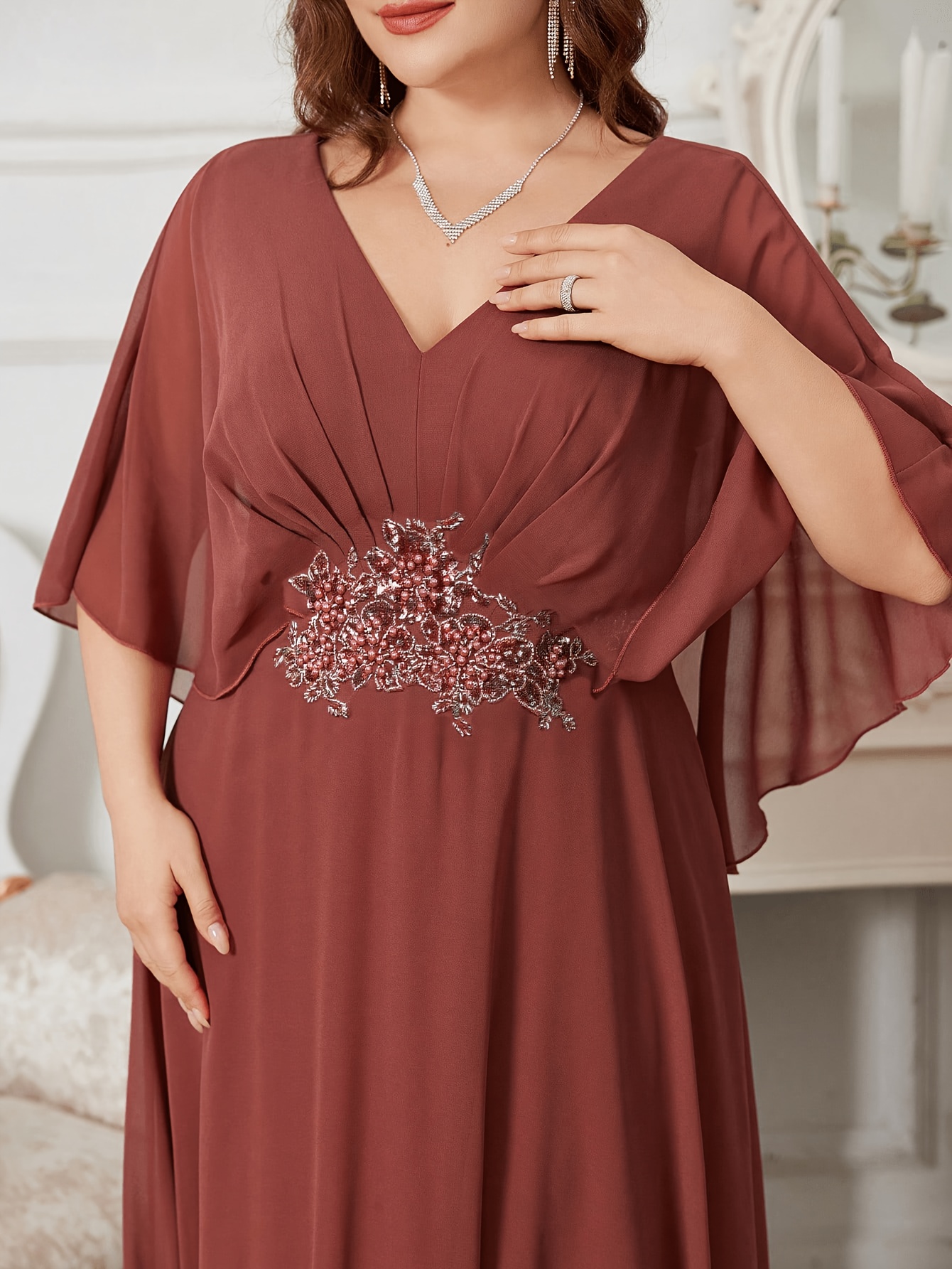plus size womens elegant v neck batwing sleeve chiffon dress
