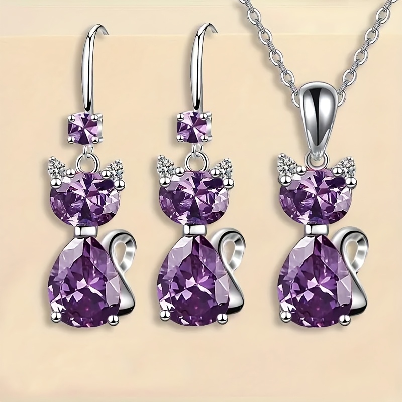 TEMU 3pcs Sparkling Purple Cat Ear Hoop Necklace Set Party Commemorative Gift For Multifunctional Jewelry Exquisite Christmas And Birthday Present