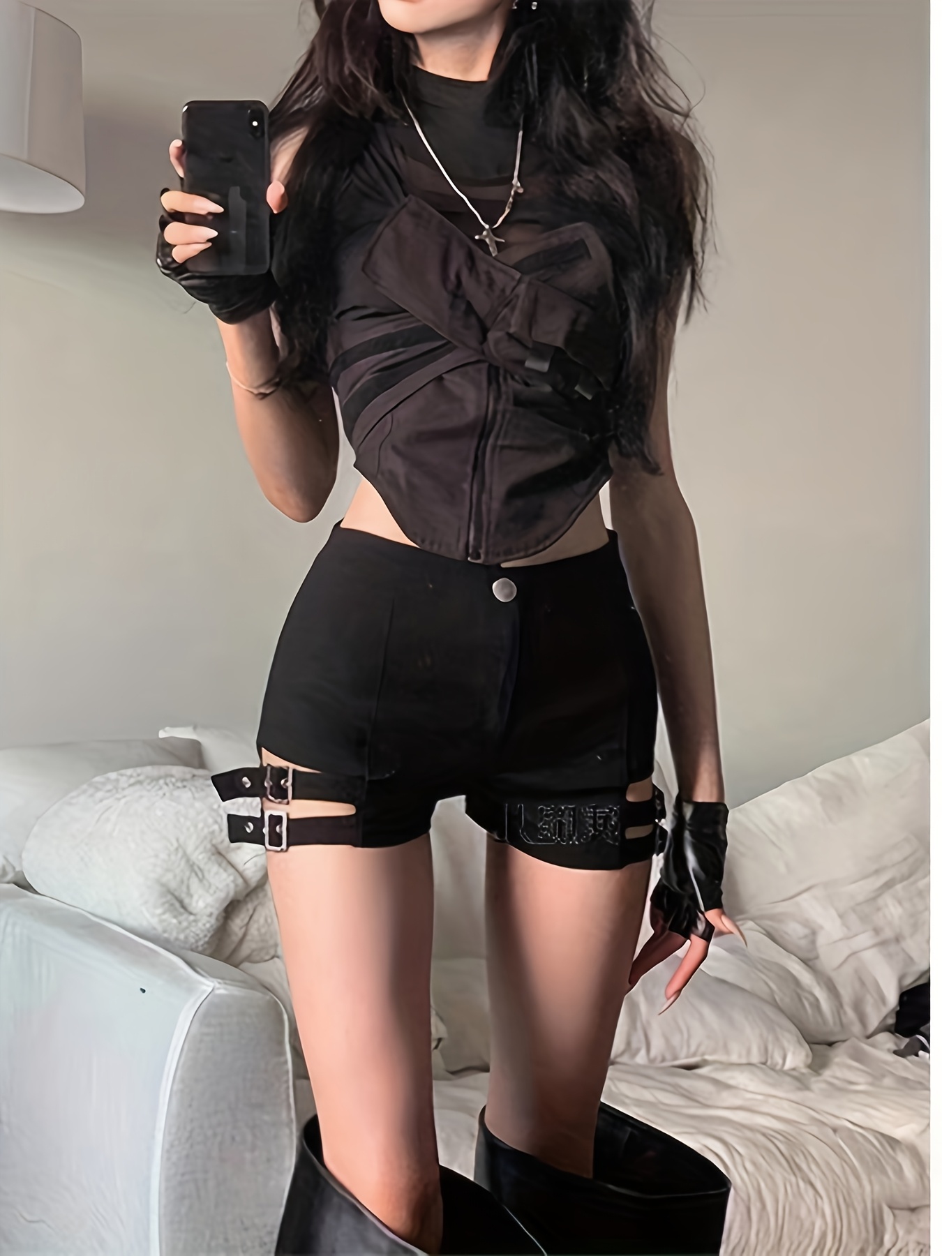 women's punk style black denim shorts summer motorcycle Temu