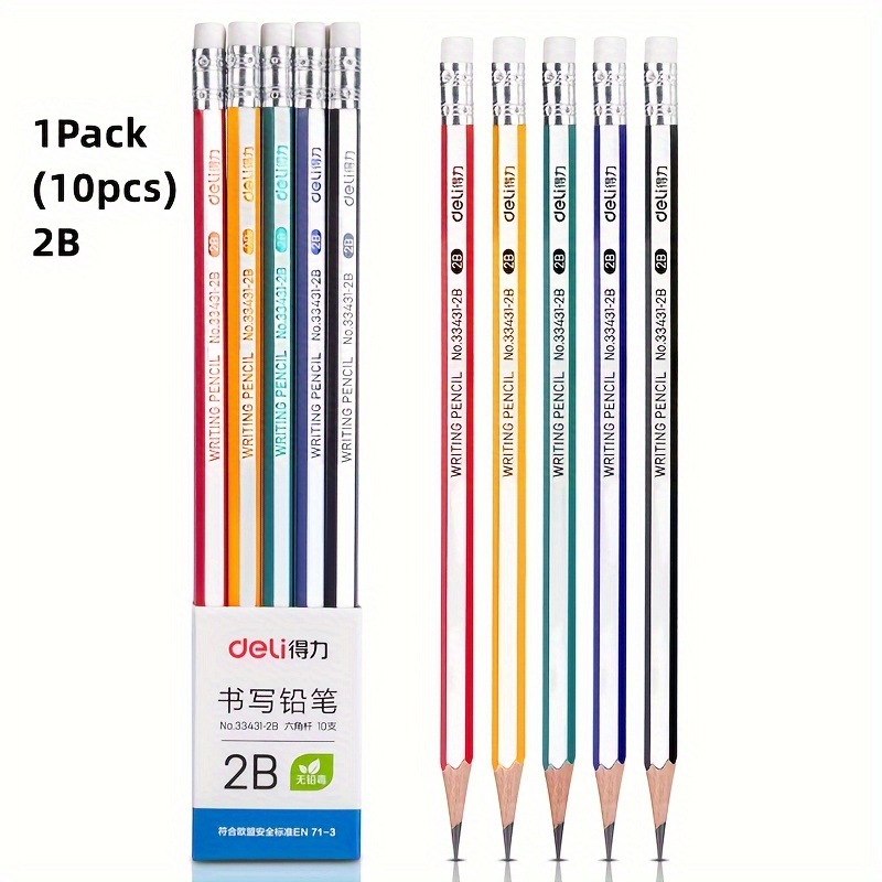 Set Of 10 Hexagonal Wooden Pencils With Colored Graphite, Featuring 2b And Hb