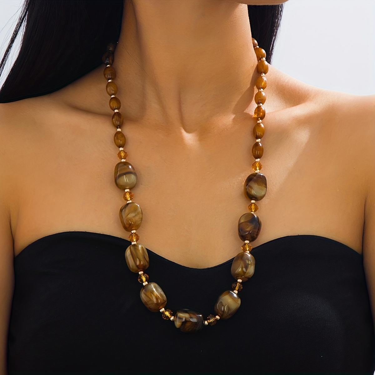 TEMU A Women's Fashion Pendant Necklace, Vintage Elegant And Minimalist Style, Brown Resin Beaded Necklace, Luxurious For Women' Casual Wear, Holiday