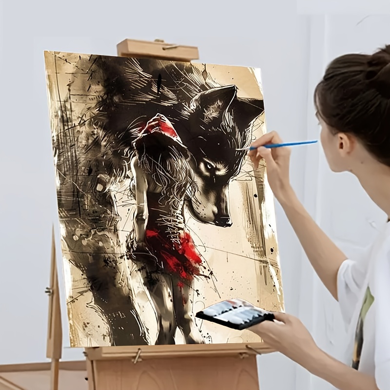 1 Diy Adult Paint By Numbers Kit, Art Gift, Paint By Numbers, For Beginners - Includes Acrylic Paints, Canvas, 3 Brushes, And Manual | Acrylic Painting Girl And Wolf Black , Dress With Bow, Sharp Wolf