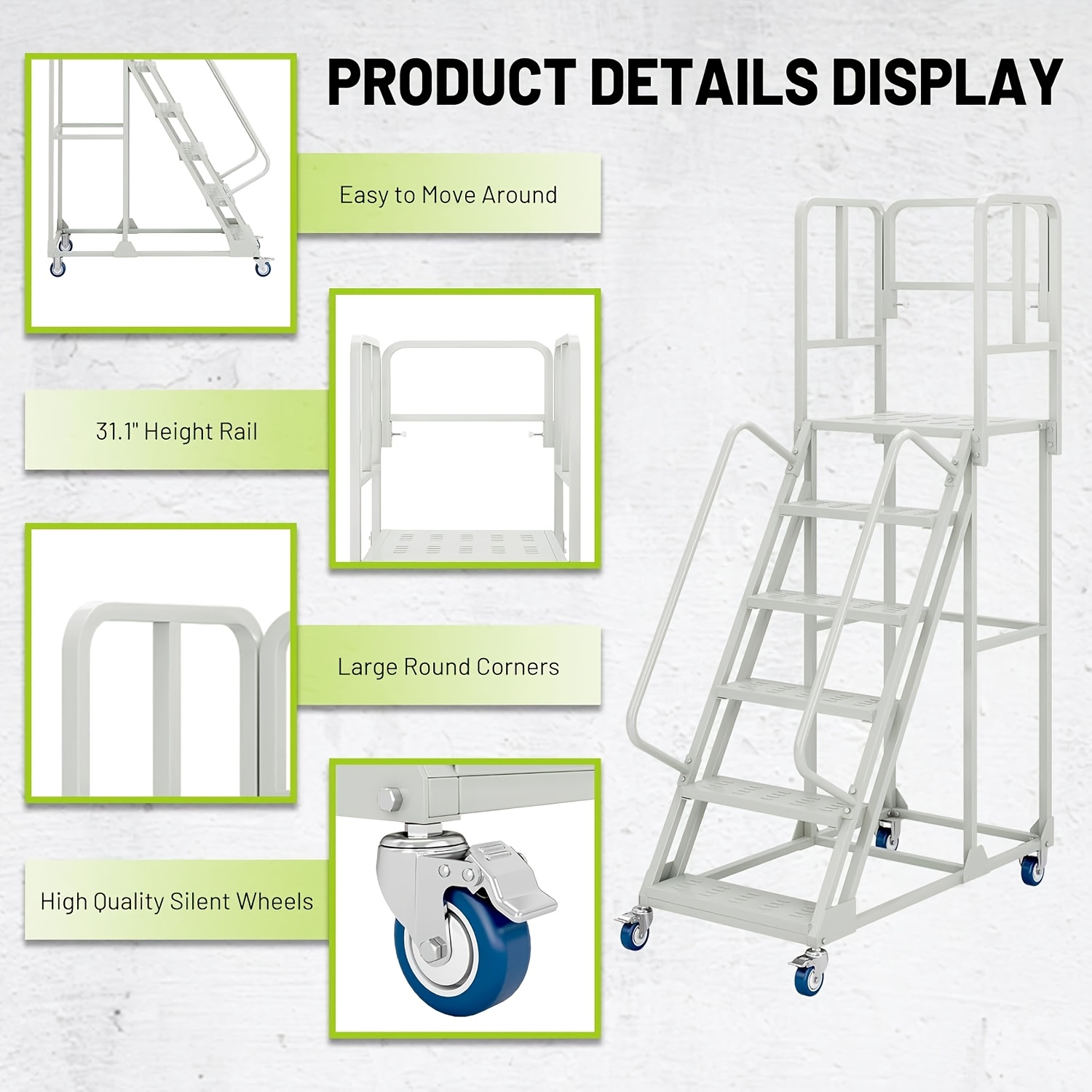 a 6 step rolling ladder measuring 24 inches wide and 90 inches high featuring dual handrails and lockable wheels   of supporting up to 1200   this heavy duty mobile   is ideal for use in   supermarkets Product details 4