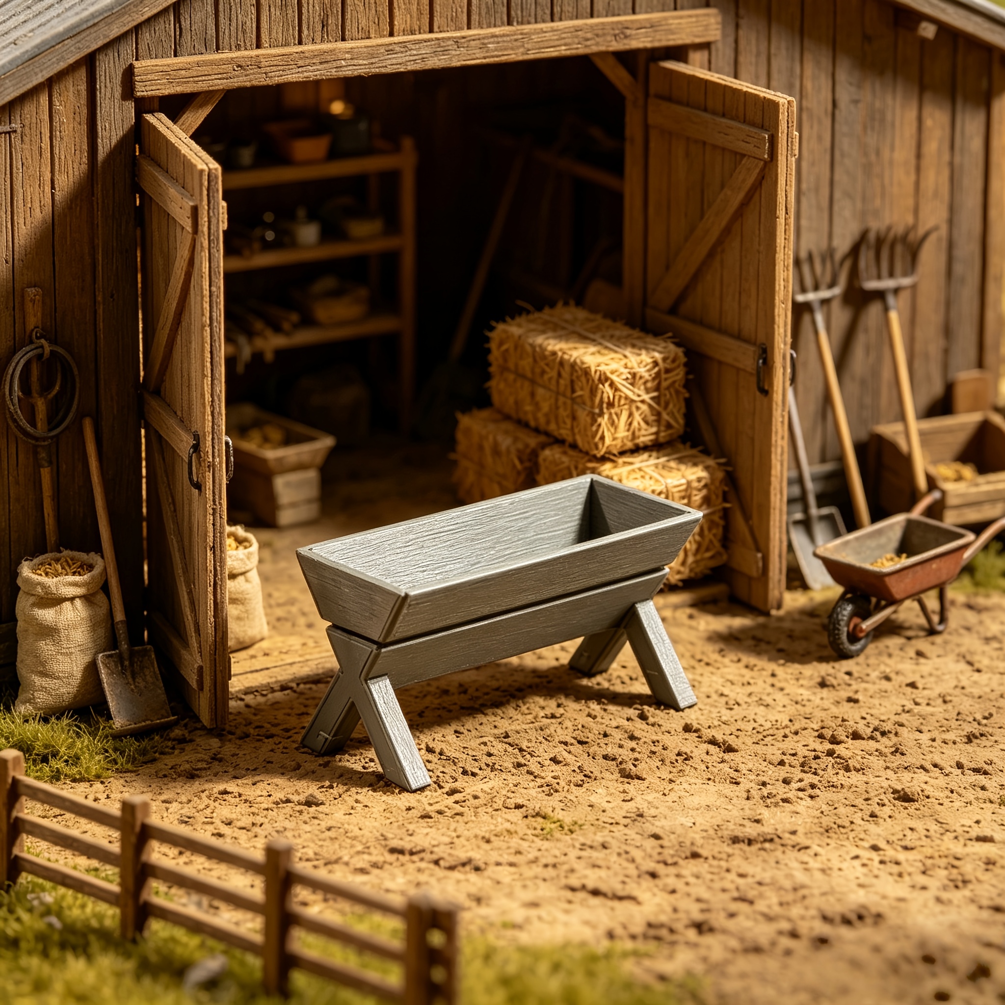 TEMU 1pc, Miniature Farm Feeding Trough Ornament, Dollhouse Farm Scene Accessory, Simulated Gray Livestock Feeder, Sand Table Scenery Miniature Prop