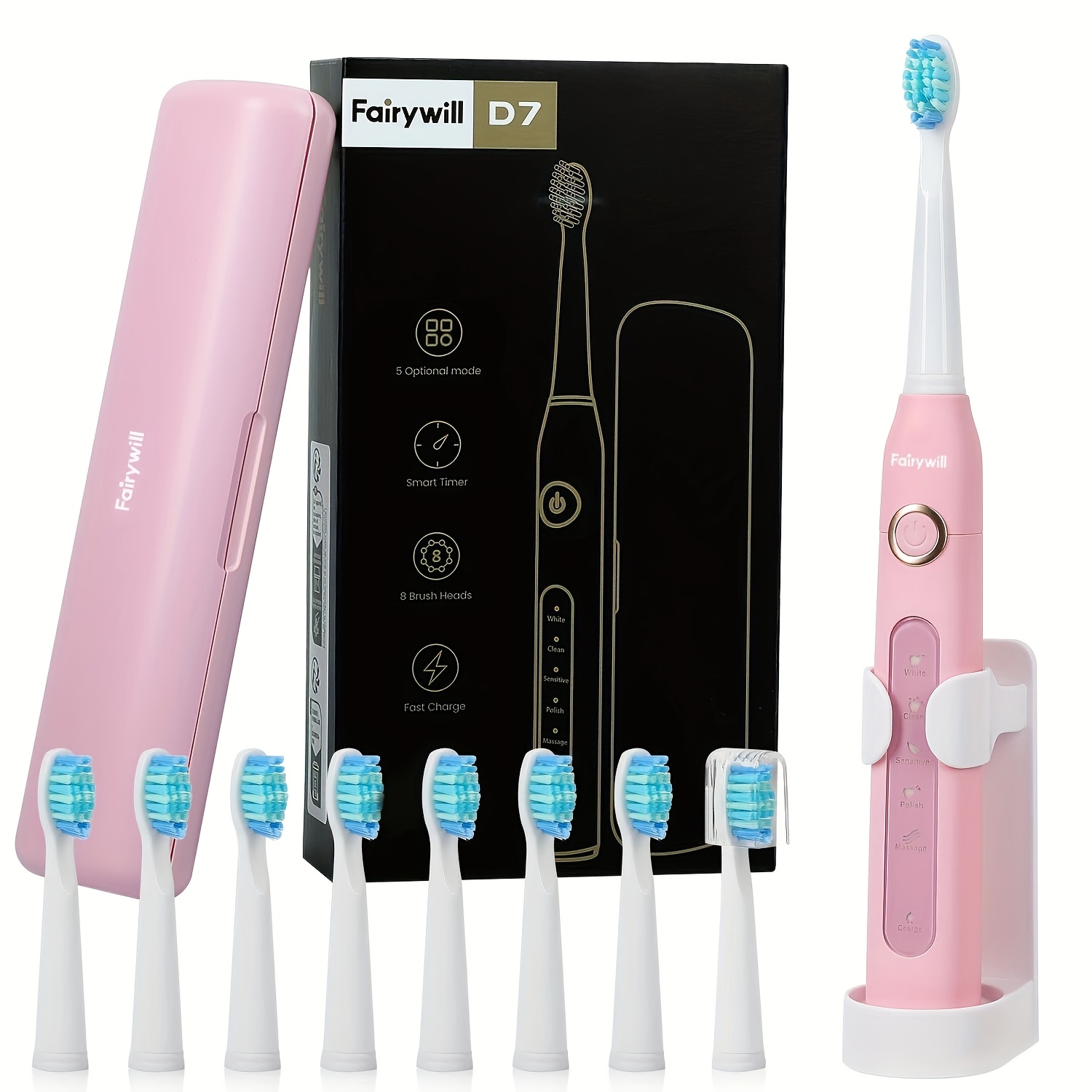Fairywill Electric Toothbrush For Adults, 8 Replaceable Toothbrush Heads Portable Case And Stand Usb Rechargeable With Brush Heads, 5 Cleaning , , 3-hour Fast Charge For Ideal Christmas Gifts