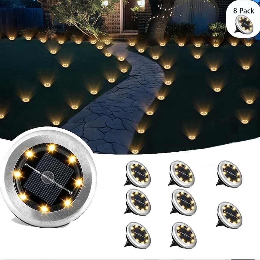 TEMU Mini Solar 8led Ground Buried Lamp, White/warm Light Outdoor Stainless Steel Ground Solar Lamp, Outdoor Solar Street Lamp, Decorate Courtyard,