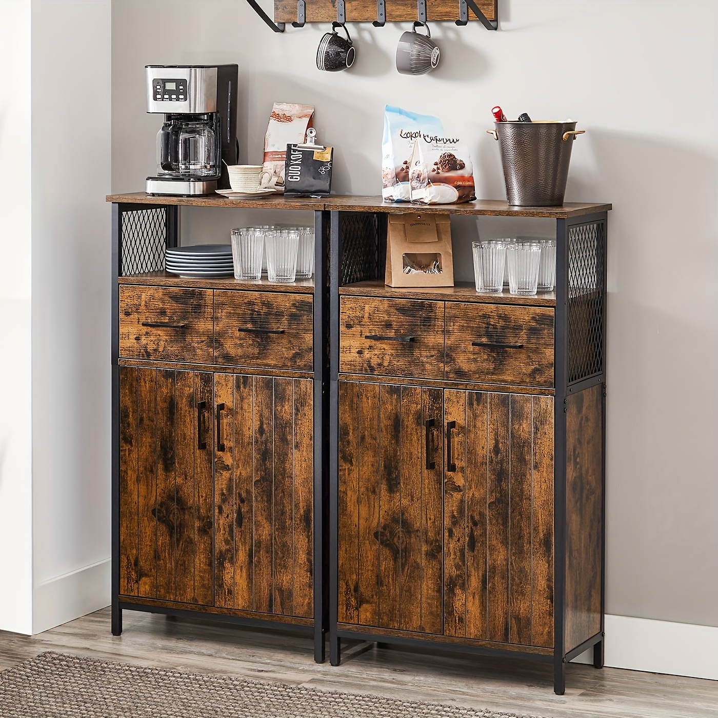 Storage Cabinet, Multipurpose Sideboard With Drawer And Adjustable Shelf, Bathroom Cabinet, , For Living Room Kitchen, Industrial Style, Rustic Brown And Black