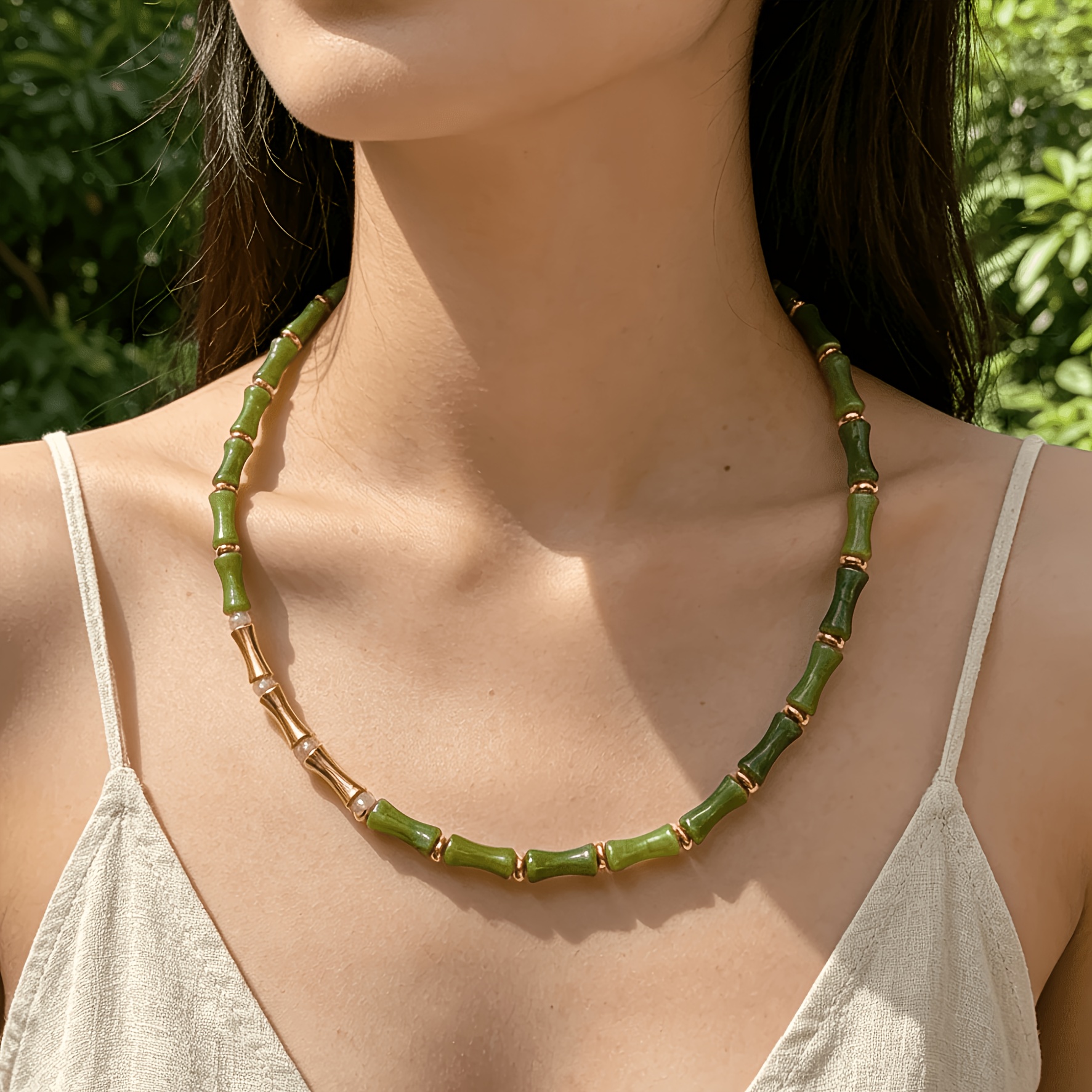 Women's Natural Olive Green Stone Necklace, Bohemian Minimalist