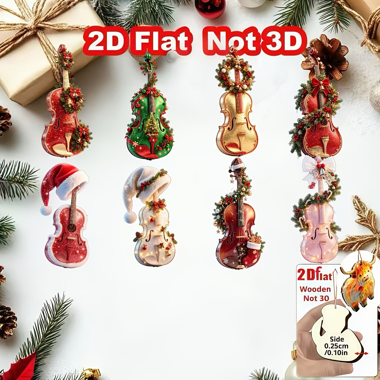 TEMU [2d Flat] 8pcs, Christmas And Halloween Novelty Wooden Pendants, Christmas Wreath Violin, Home And Kitchen Decoration Pendants, Christmas Tree