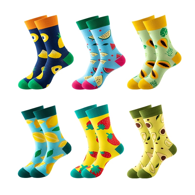 E-shop 6 Paar Damen bequeme, stilvolle, vielseitige wadenhohe Socken mit Fruchtmotiv (Erdbeere, Avocado, Ananas) für Freizeitkleidung