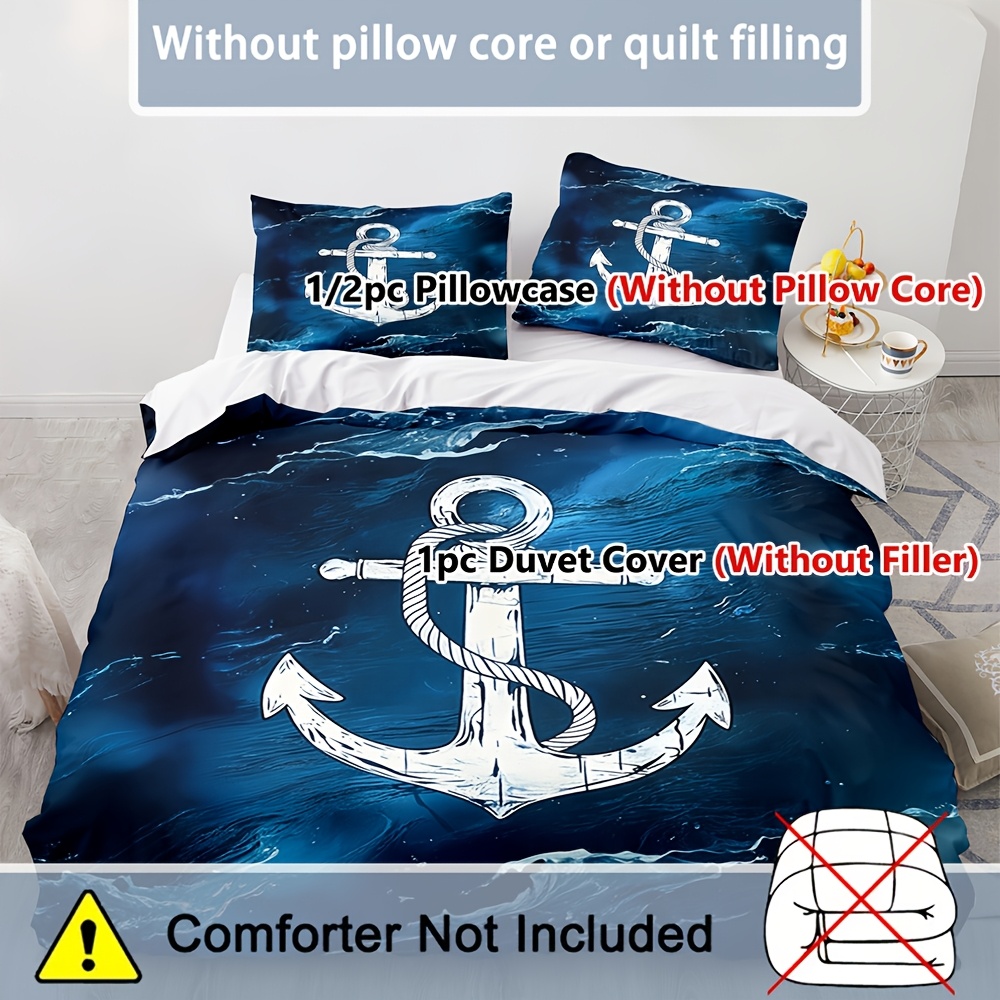 A 2/3pcs Set Featuring A Cartoon-painted Blue Nautical Style With Compass And Anchor, This Bedding Includes A Printed Duvet Cover Set With A Zipper Design, Machine Washable