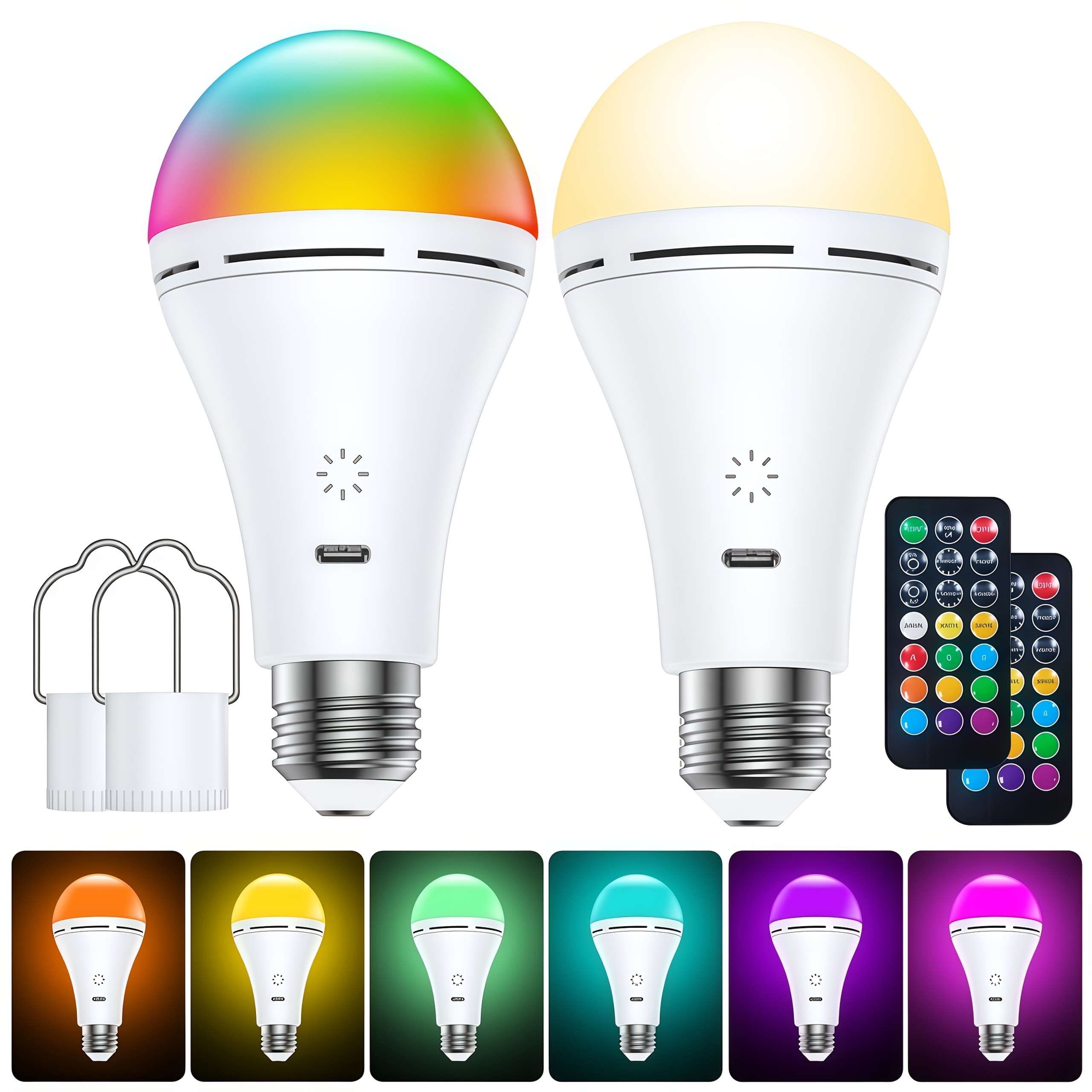 2 Pack Us8 Rechargeable Light Bulb With Remote Control, Smart Rgb Color Changing Bulb, 9+3 Color Temperature, Led Dimmable Touch Control Bulb With Timing Function, 1500mahbattery Powered