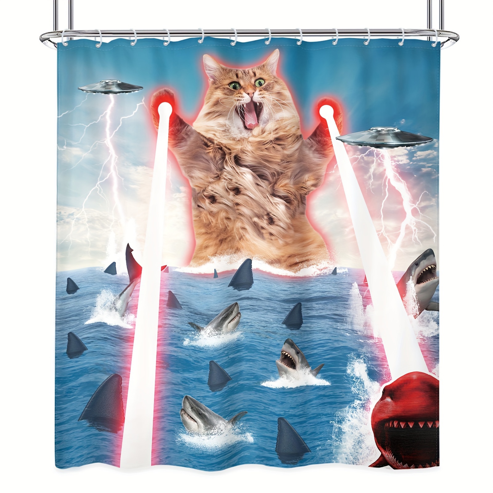 Shower Curtain Shark Funny Cat Ocean Wave Seagull Funny - Temu United Arab  Emirates