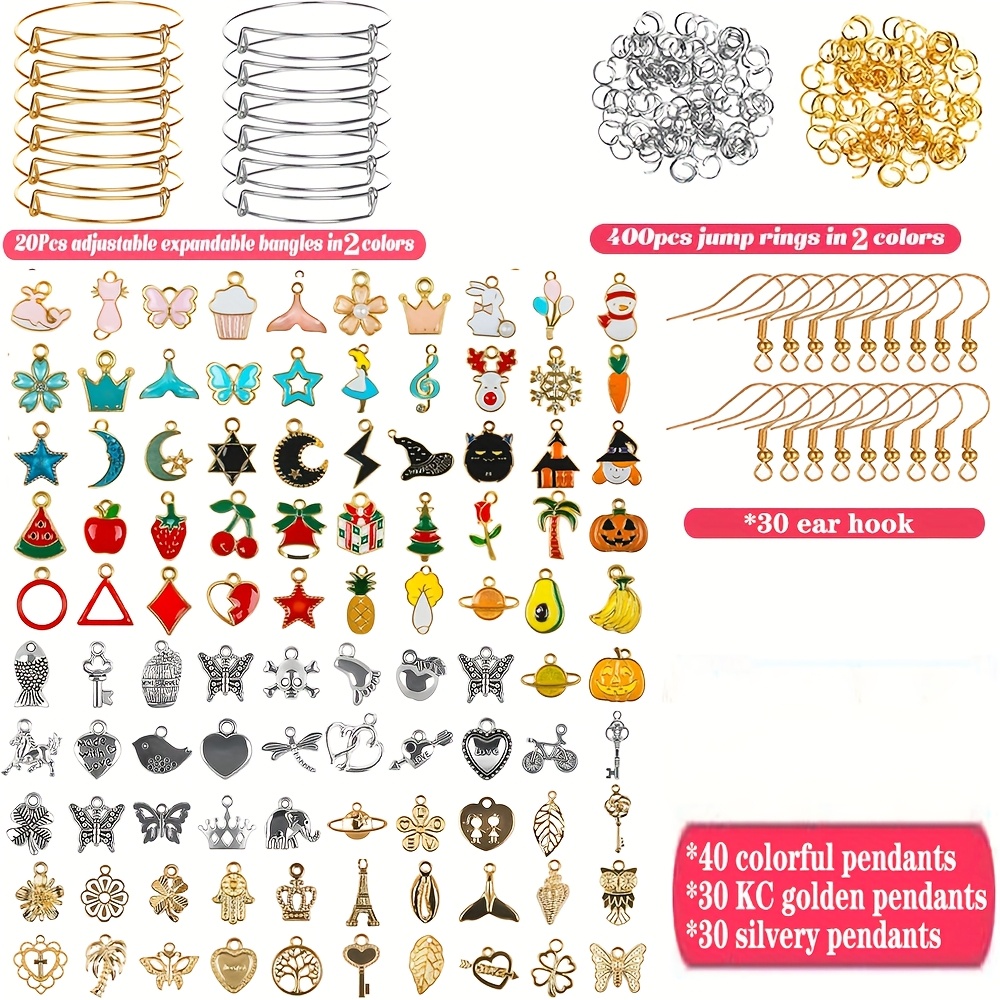 TEMU A Bracelet Crafting Set With 20 Adjustable Bracelets, 100 Assorted Pendants (in Colors, Antique Silvery, And Kc Golden), 30 Ear Hooks, And 400