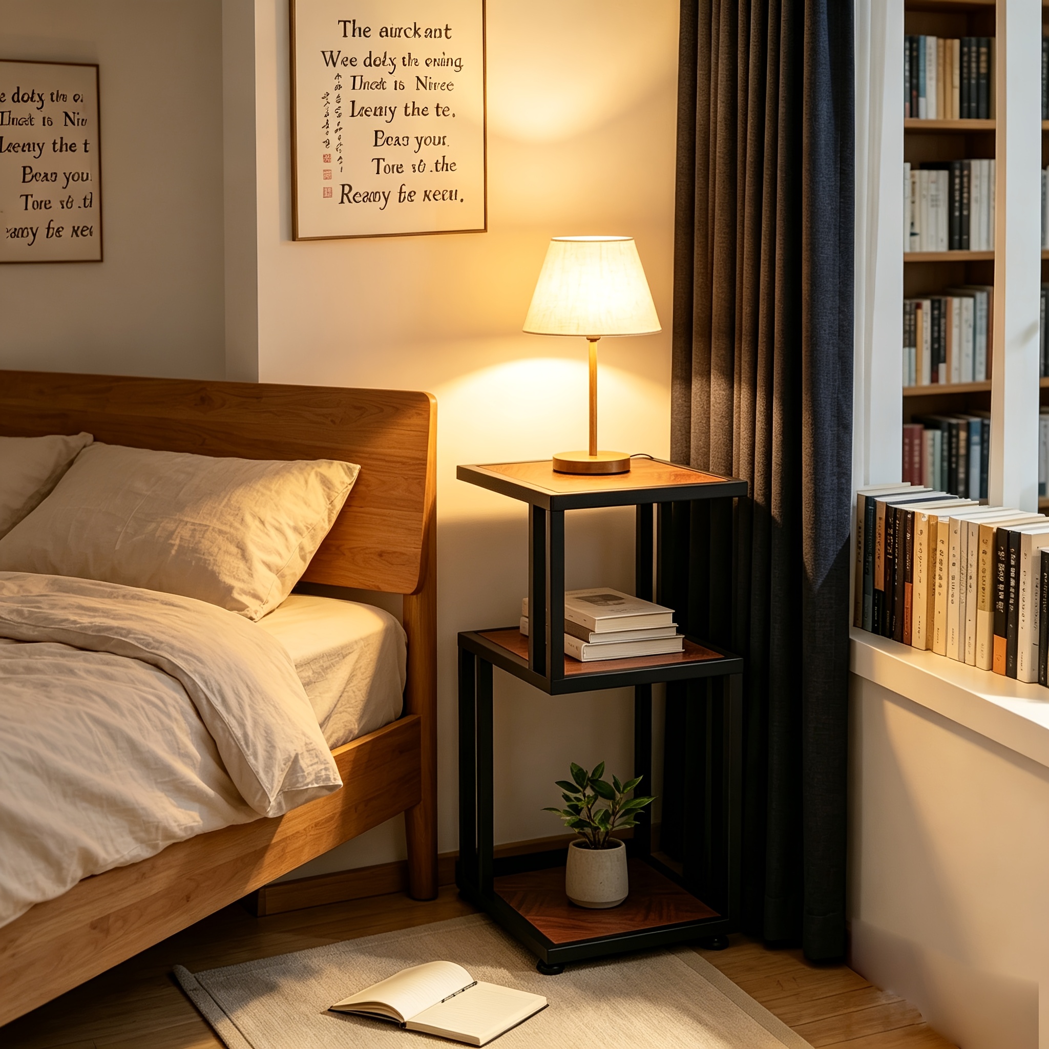 3-Tier Nightstand, Industrial Bedside Table with Open Storage Shelves, Wood Top Metal Frame End Table, Space-Saving Side Table for Small Spaces, Living Room, Bedroom, Ideal for Lamp, Books, Plants