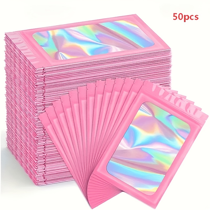 TEMU 50-pack Reusable Sealed Zipper Bags Holiday Party Gift Packaging Bags Thickened Colorful Holographic Laser Self-sealing Bags Transparent Window