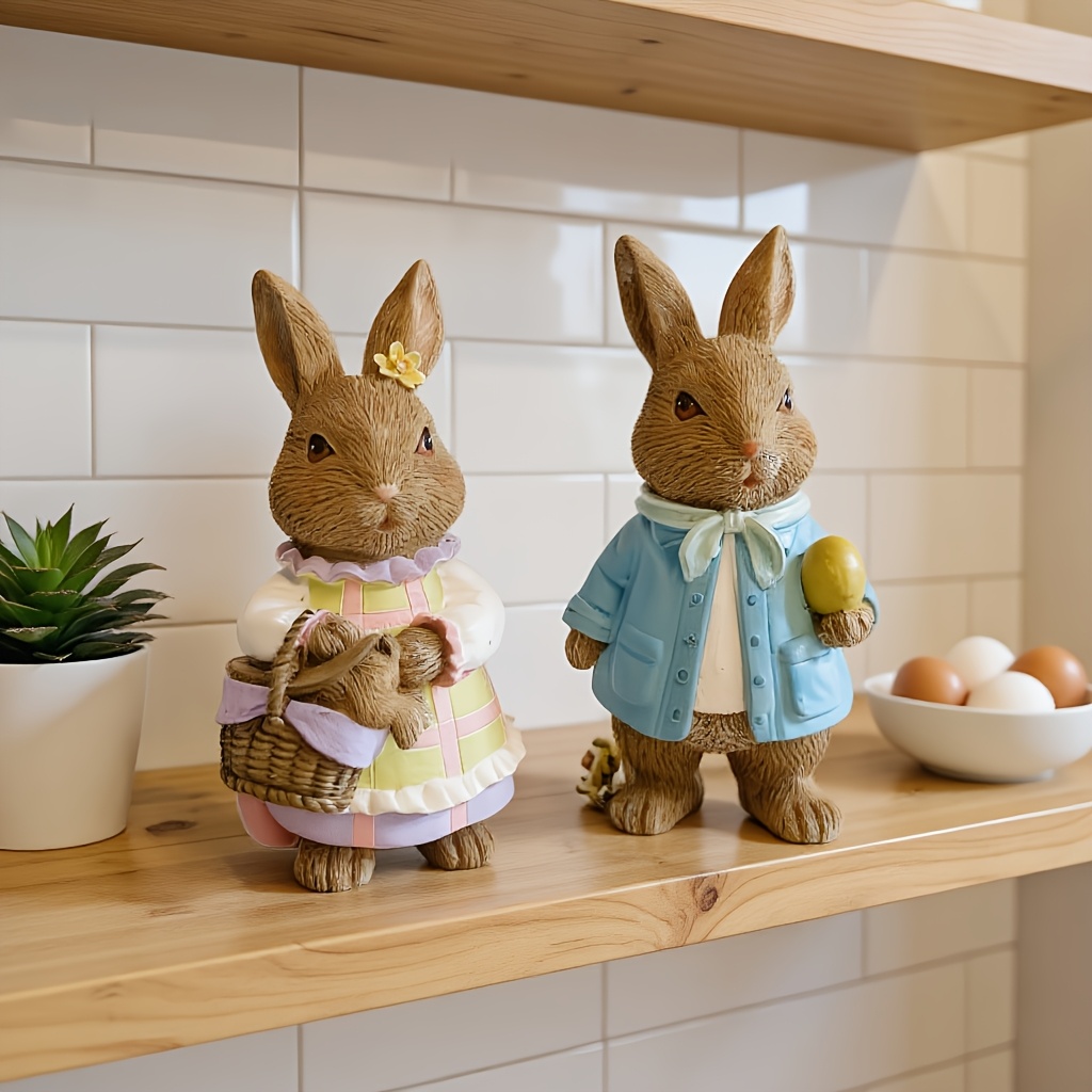 2pcs couple resin rabbit statues easter bunny decorations cute statue ornaments rabbit garden statue and   desktop decoration crafts for   easter gifts festival party props mothers day fathers day gift