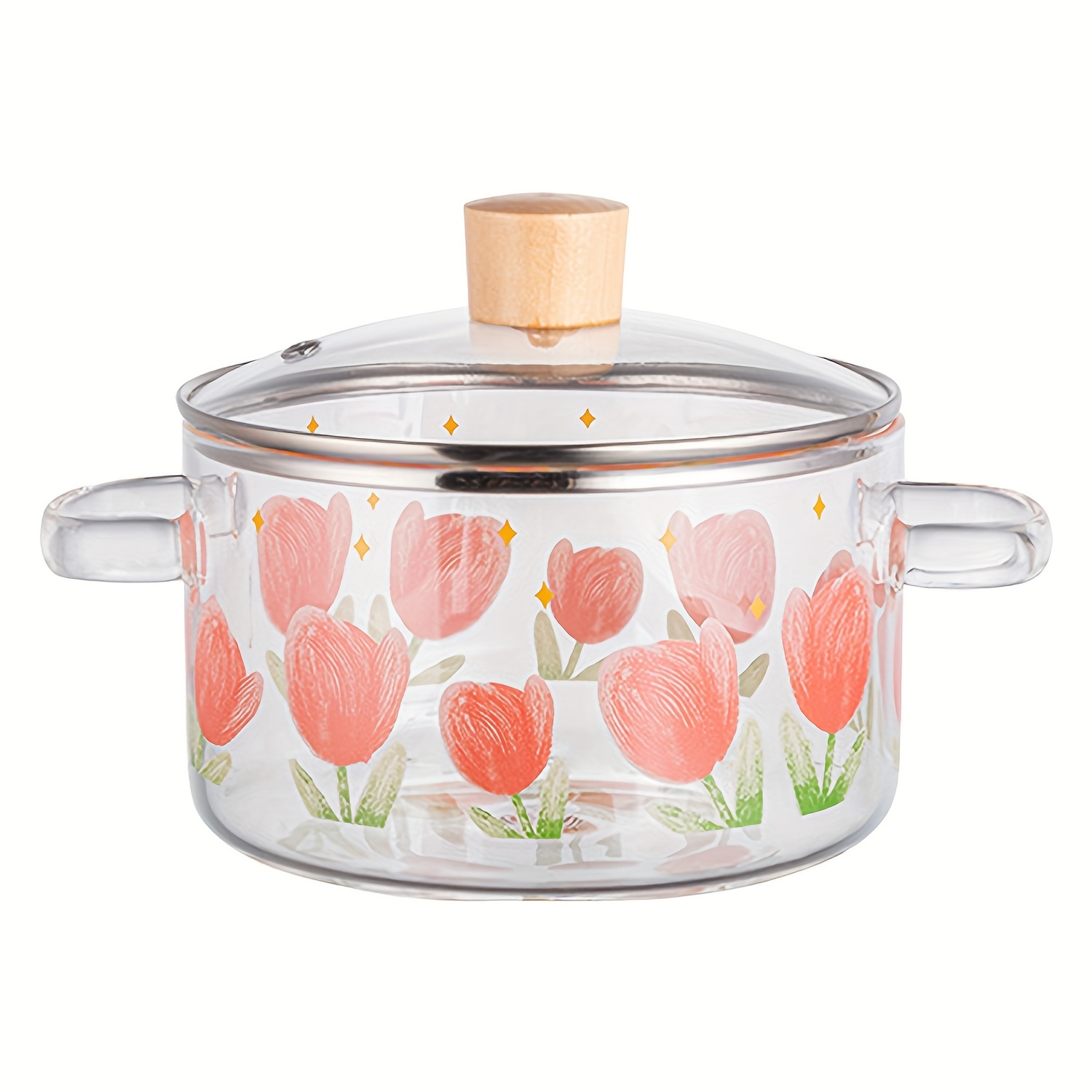 TEMU 1pc Of Tulip Printed Glass Soup Pot, 1500ml/50.7oz. Made Of Borosilicate Glass, Suitable For Gas Stoves, Portable Stoves, Cartridge Stoves,
