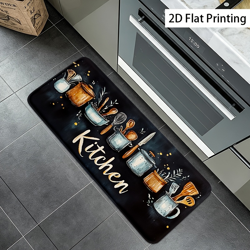 Image of Jit1pcs Thick 1.1cm Kitchen Floor Mat, Kitchen Utensil Pattern Printed Floor Mat Thickened Non-slip Wear-resistant Suitable For Room Porch Balcony And Home Decoration