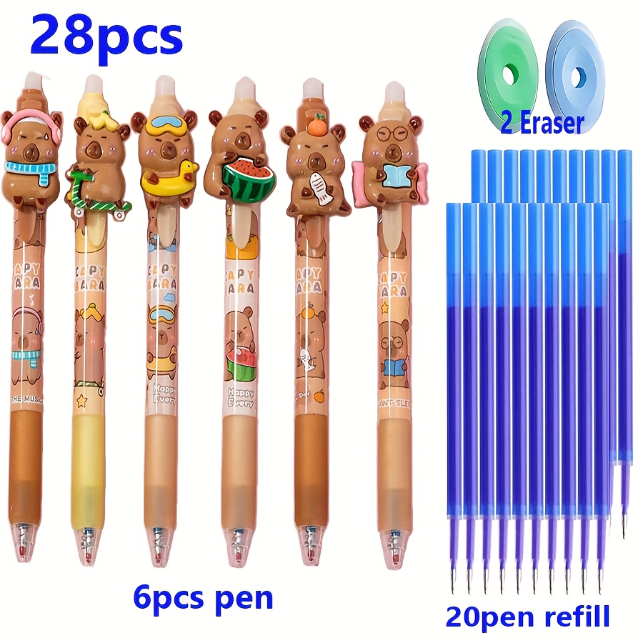 TEMU A Set Of 28 Cute Capybara Side-press Retractable Gel Pens, 0.5mm Animal-themed, Erasable, Blue Ink, Comfortable Grip, And Quick-drying Writing