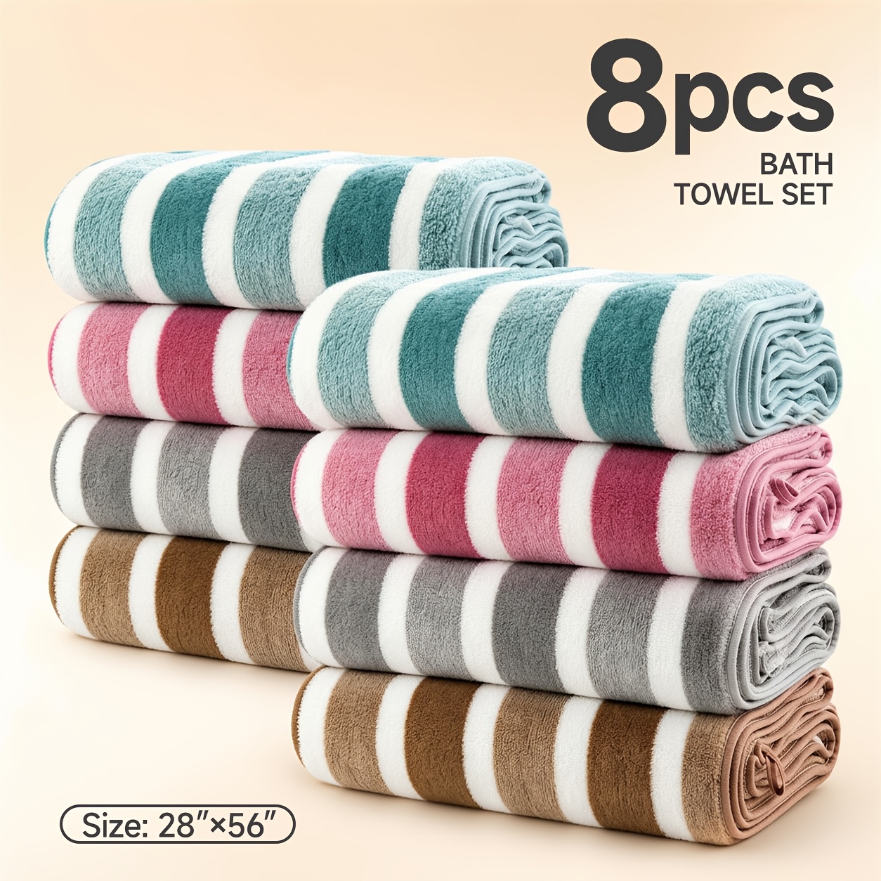 8pcs Bath Towel Set Suitable For The Beach, Spa, Gym & Home - Super Absorbent, Super Soft Microfiber Towels With Stripes, Loss, Bath Sheets (28 X 56 Inches), Color-coded For Bathroom Essentials