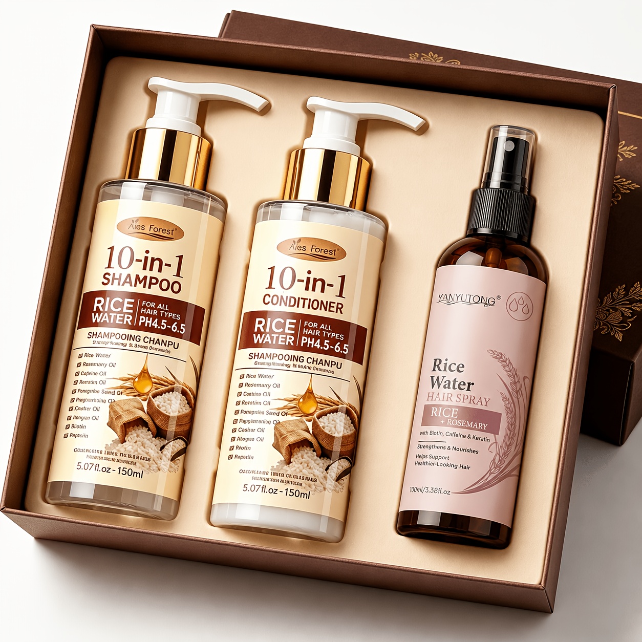 TEMU 3pcs [for Thicker-looking Hair] 15 Days Fermented Shampoo & Conditioner + Hair , 10-in-1 Multi-effect Rice Hair Care Set. Volumizing, , Heat