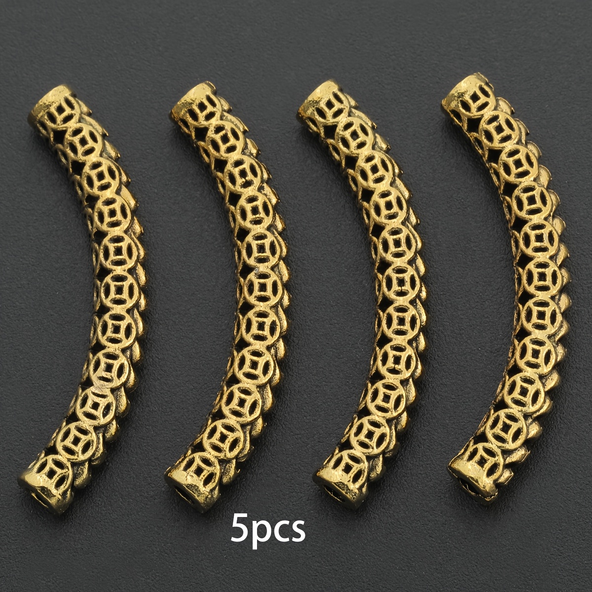 TEMU 5pcs Hollow Curved Tube Straight Hole Spacer Beads . 37mm Chinese Coin Pattern Through Hole Beads Perforated Loose Beads Decorative Beads Bead