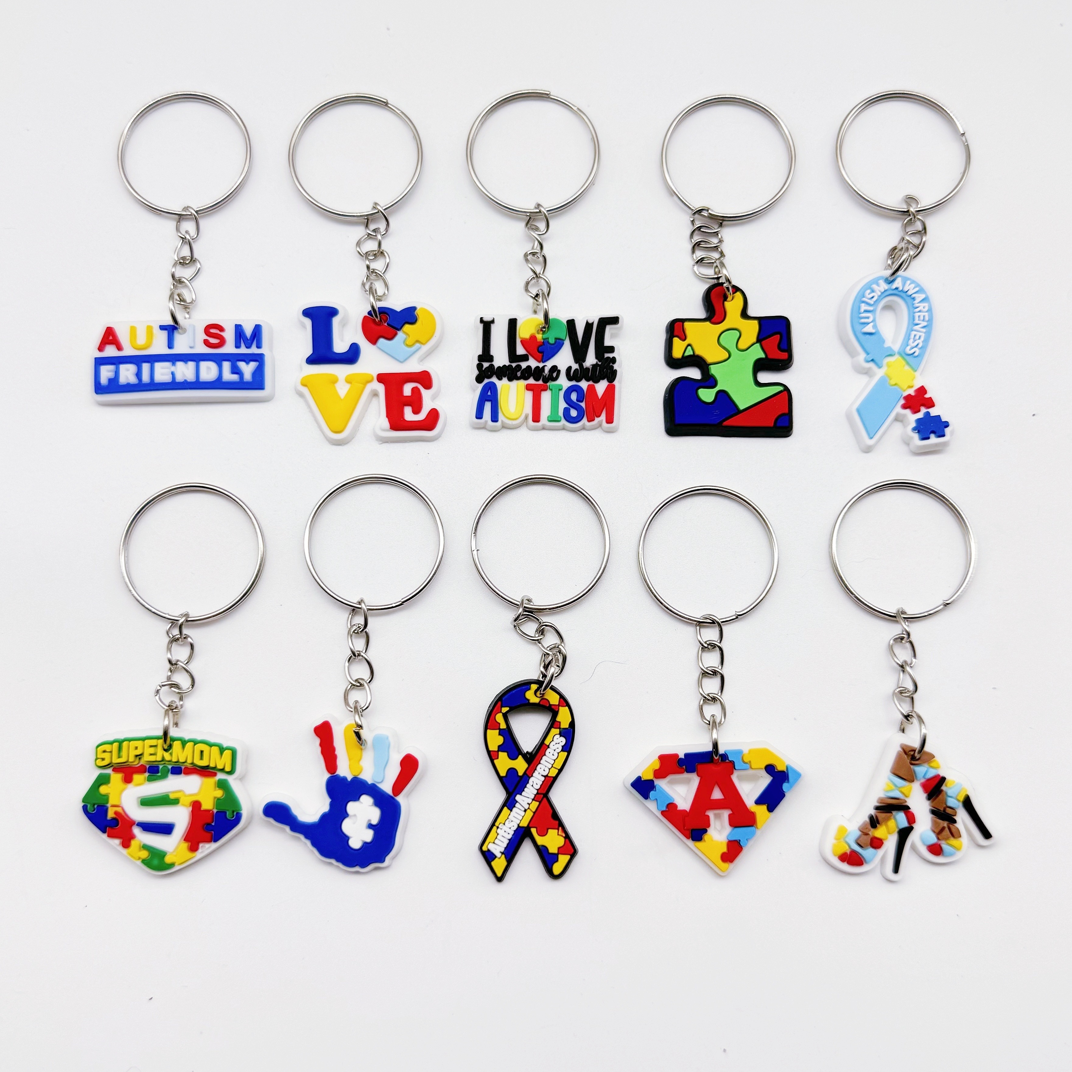 

10pcs Autism Awareness Keychains - Pvc Keyrings Set With Inspirational Puzzle Pieces & Ribbon Themes, Decorative Round Key Buckles For Birthdays, Gifts For Family & Friends - Assorted Designs