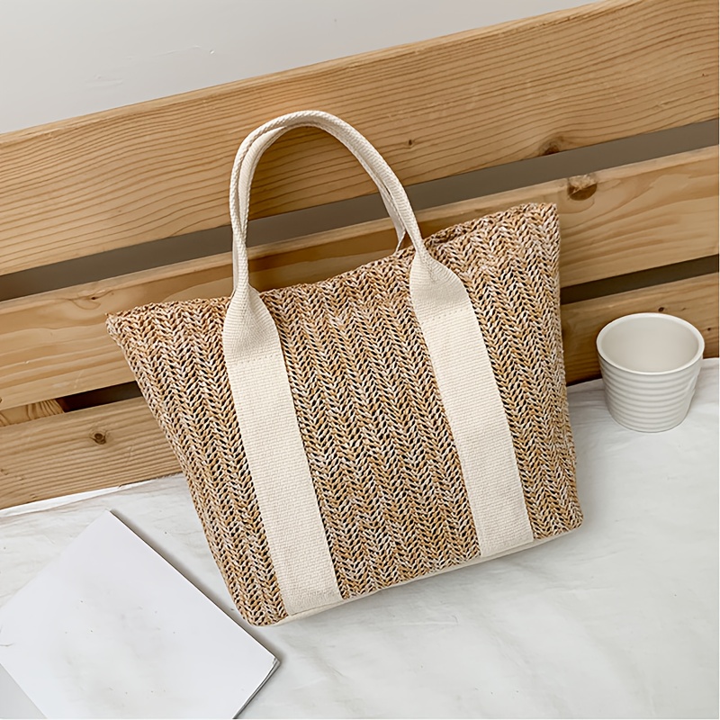 TEMU 1pz Elegante Borsa Tote Tessuta con Personalizzato, Borsa da Spiaggia in Tessuto di Grande Capacit� con Chiusura a Fibbia, per Accessori Estivi,