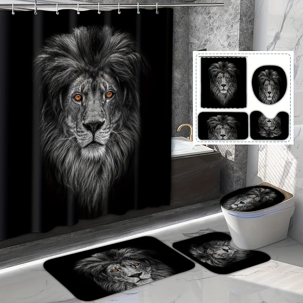 

1/4pcs Black Lion Head Shower Curtain, Polyester Waterproof Curtain With 12 Hooks, Lion Pattern Printed Bathroom Decoration, Bathroom Rug, U-shaped Mat, Toilet Seat Cover, Bathroom Accessories